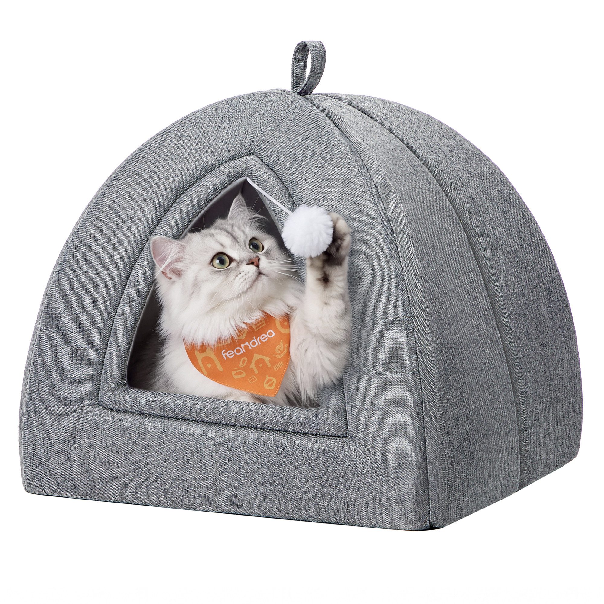 FEANDREA Katzenhaus Katzenhöhle, 2-in-1 Katzenbett, Katzen Kuschelhöhle, mit Spielzeug, Waschbares Kissen, Rutschfest, Taubengrau, Leinenoptik-Gewebe