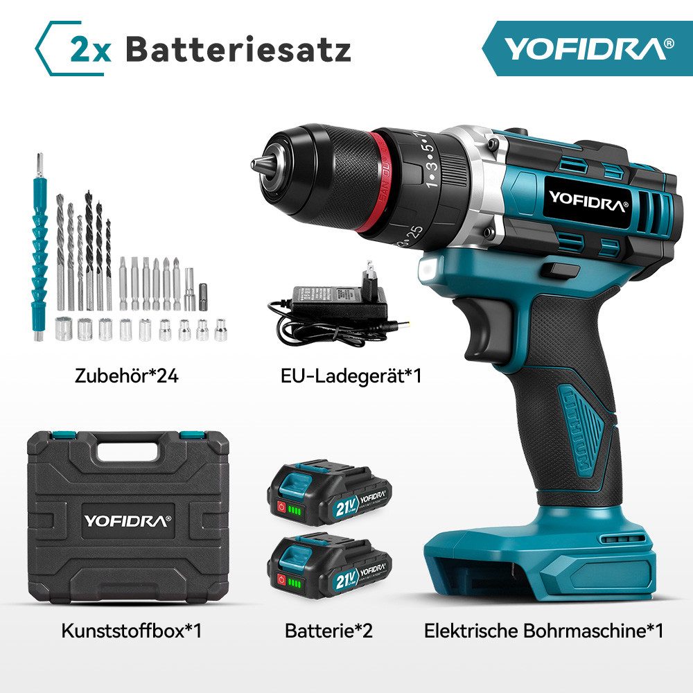 Yofidra Akku-Bohrschrauber 21V Akkuschrauber, Schraubendreher 25+3 Drehmomentstufen, max. 1600 U/min, 2 Gang Cordless Screwdriver Für Reparatur & DIY, mit 2 x 2Ah Akkus