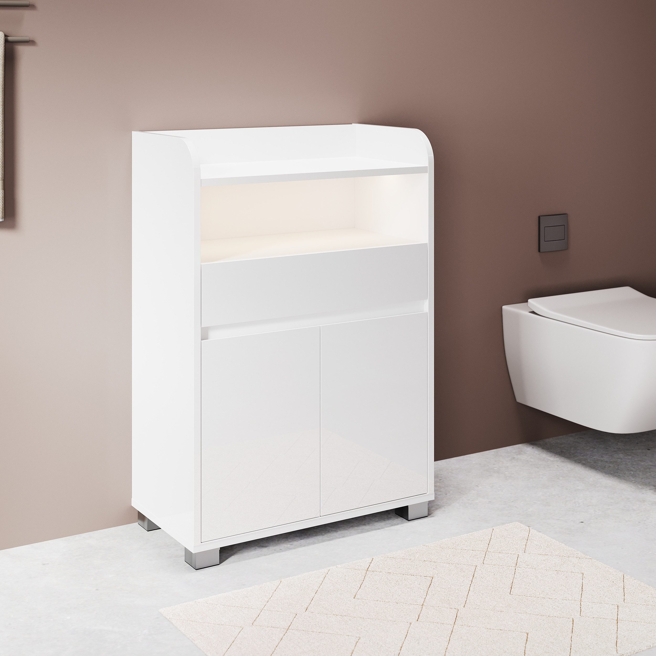 SONNI Kommode Badkommode Badezimmerschrank Höhe: 82cm mit Licht, mit 2 Türen, hochglänzende UV-Oberfläche, mit LED-Touchleuchte