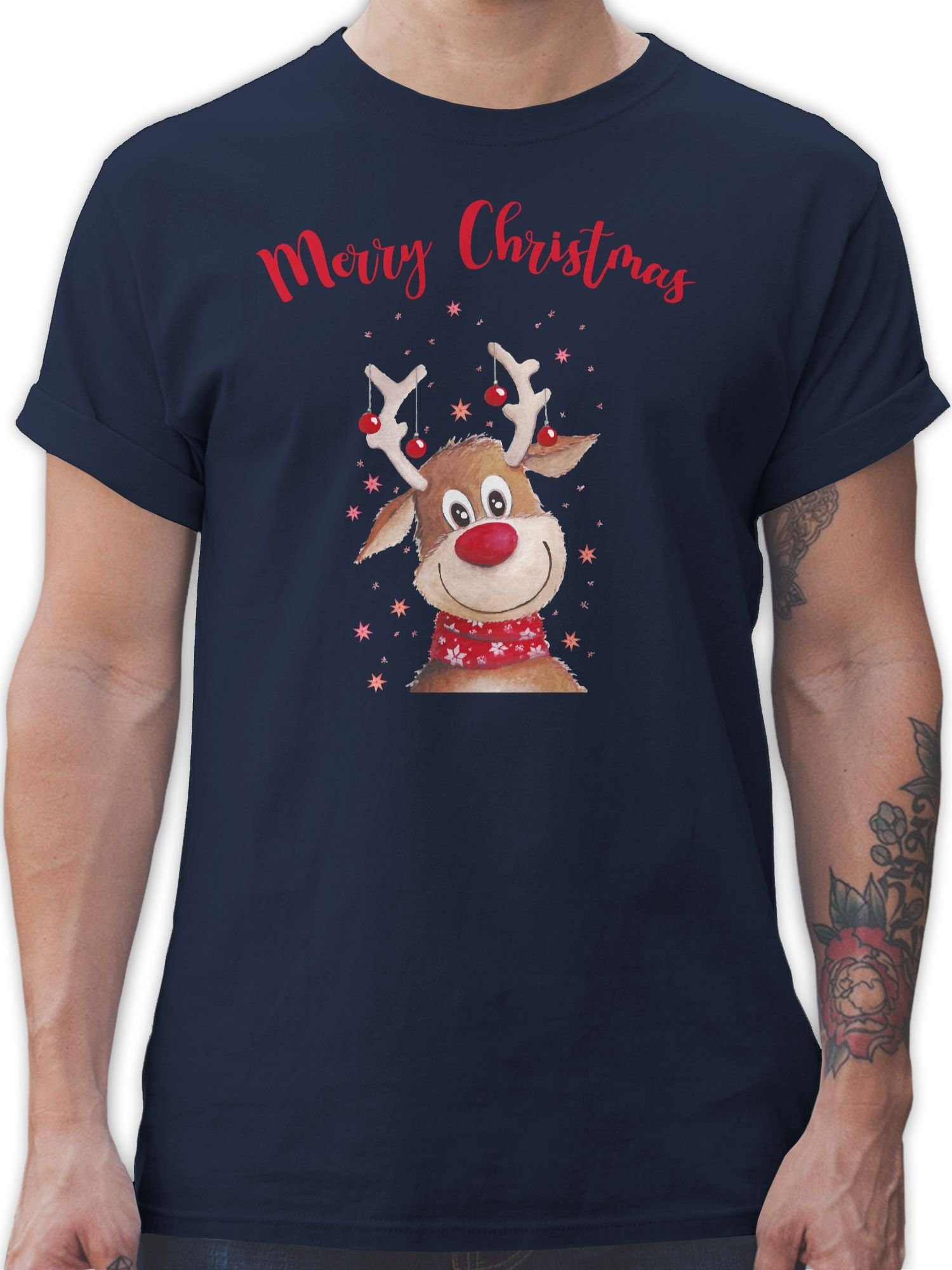 Rentier Christmas T-Shirt 02 Blau Merry Navy Weihachten Shirtracer Kleidung