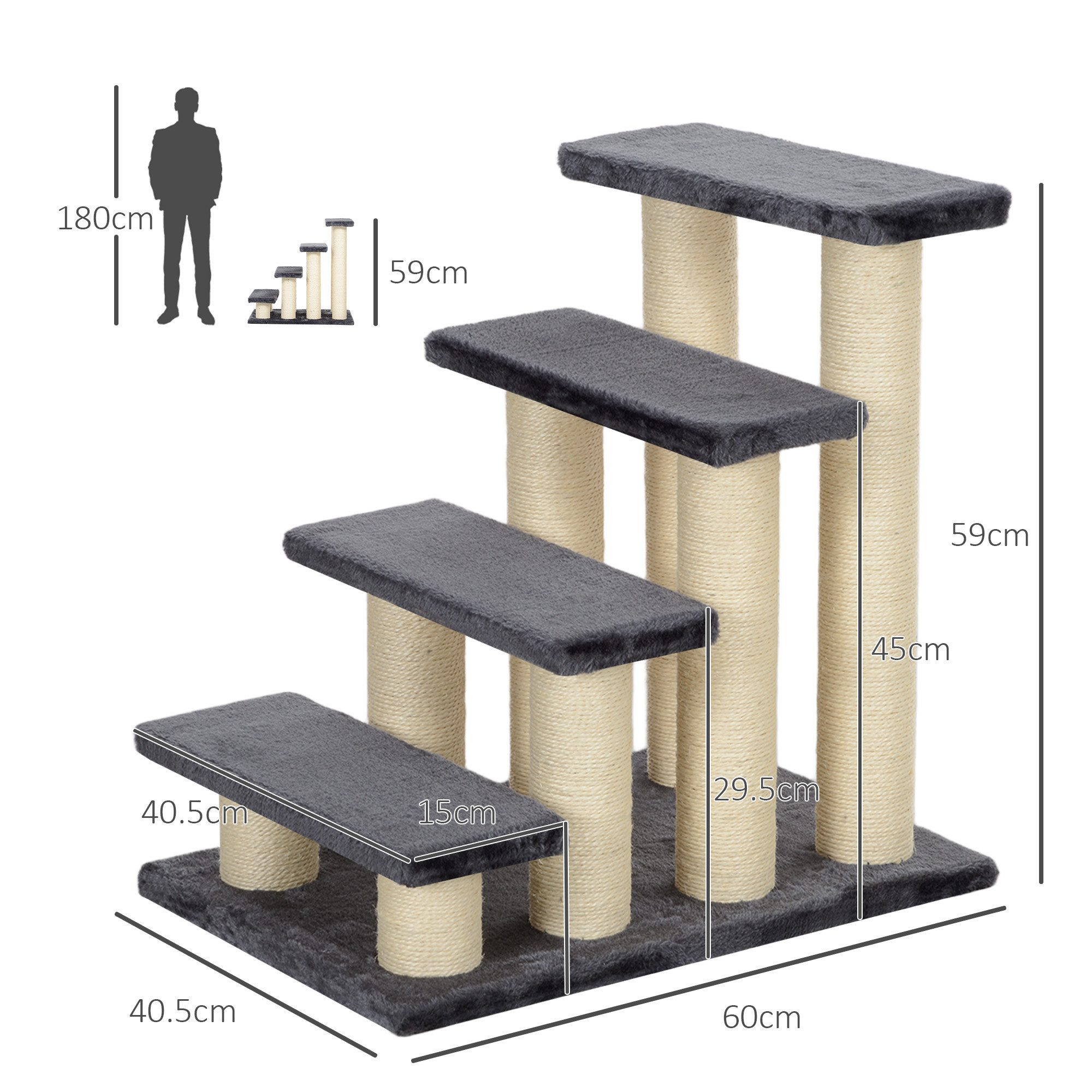 PawHut Kratzbaum Tiertreppe Katzentreppe Hundetreppe 4 Stufen Treppe, Plüsch, Grau, 60 x 40.5 x 59 cm