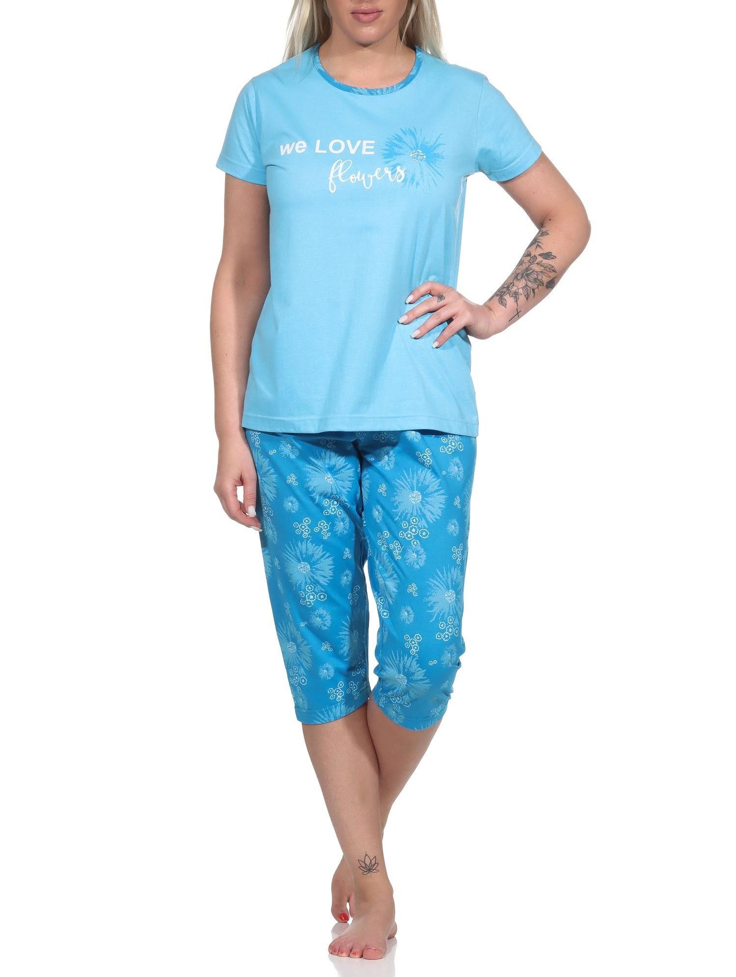 Normann Pyjama Damen kurzarm Schlafanzug mit Caprihose in geblümter Optik