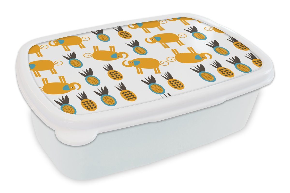MuchoWow Lunchbox Elefant - Ananas - Gelb - Muster, Kunststoff, (2-tlg), Brotbox für Kinder und Erwachsene, Brotdose, für Jungs und Mädchen weiß
