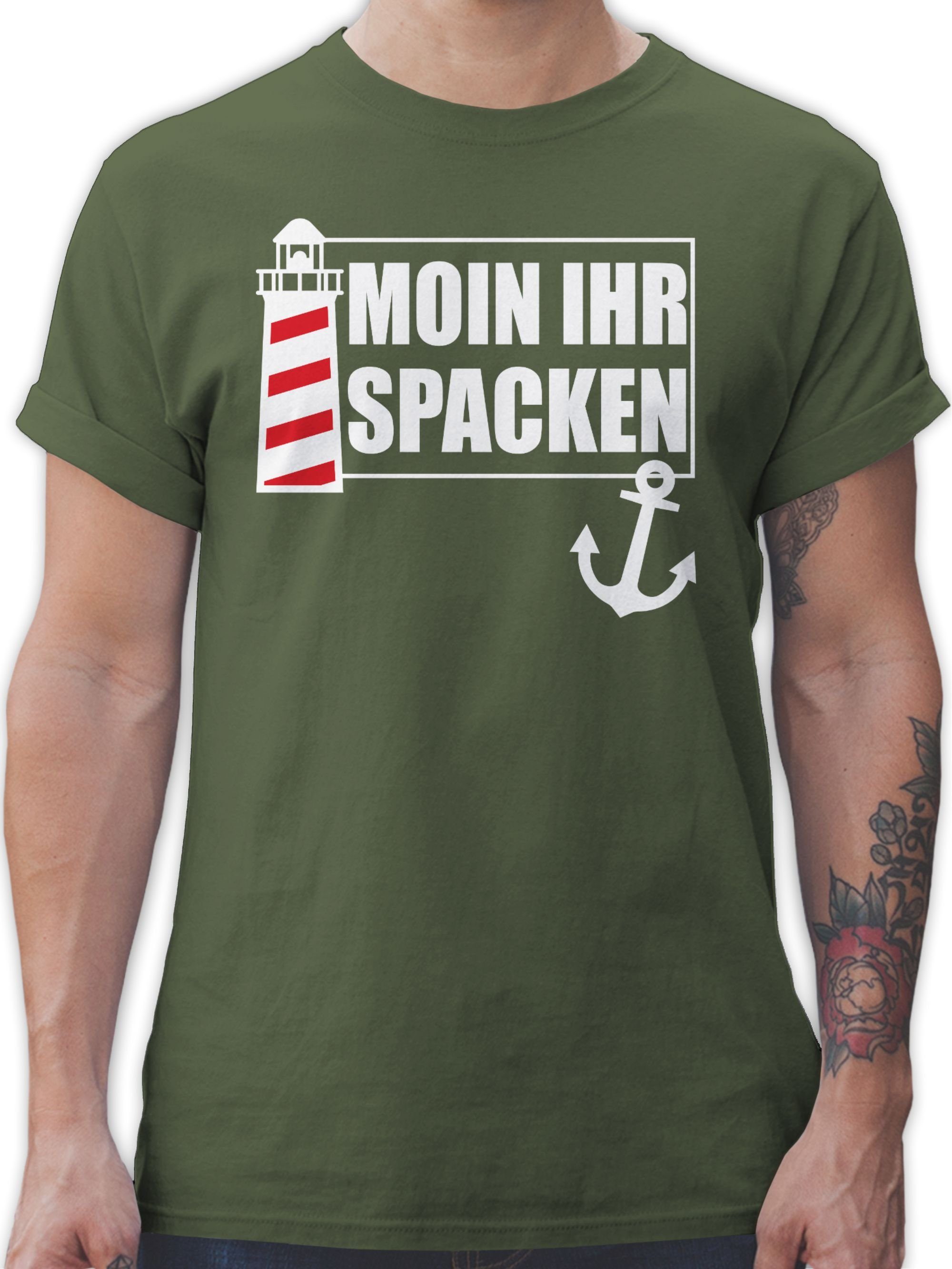 Shirtracer T-Shirt Moin ihr Spacken mit Leuchtturm - weiß Sprüche Statement 03 Army Grün