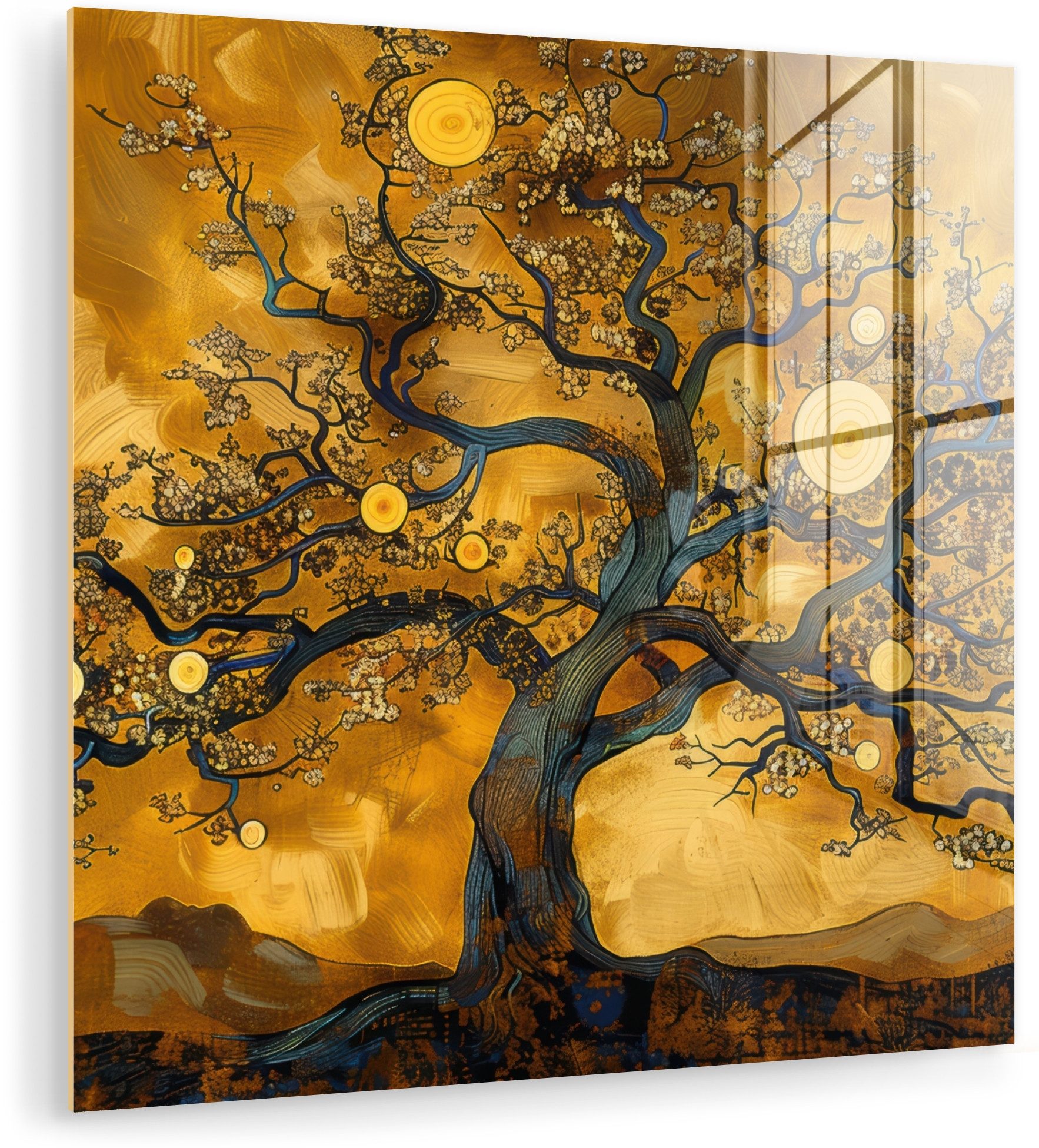 MuchoWow Acrylglasbild Baum - Baum des Lebens - Abstrakt - Gold, Inkl. Aufhängung, Bilder auf Glas Wandbild, Wanddeko Wohnzimmer Badezimmer, 20x20 cm