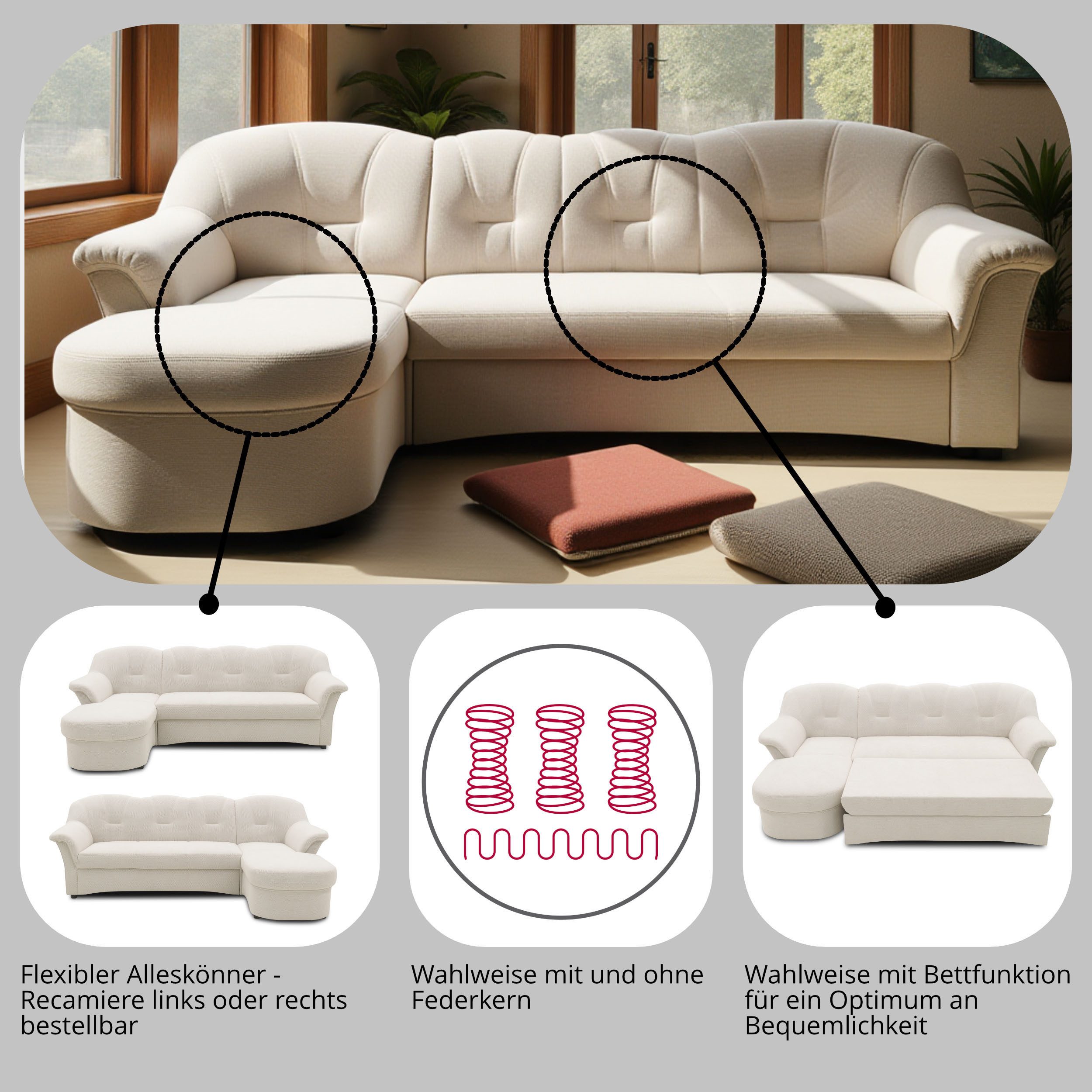 DOMO collection Ecksofa Flores Schlafsofa, B/T/H: 233/142/86 cm, L-Form, wahlweise mit Bettfunktion, wahlweise mit Federkern, auch in Leder
