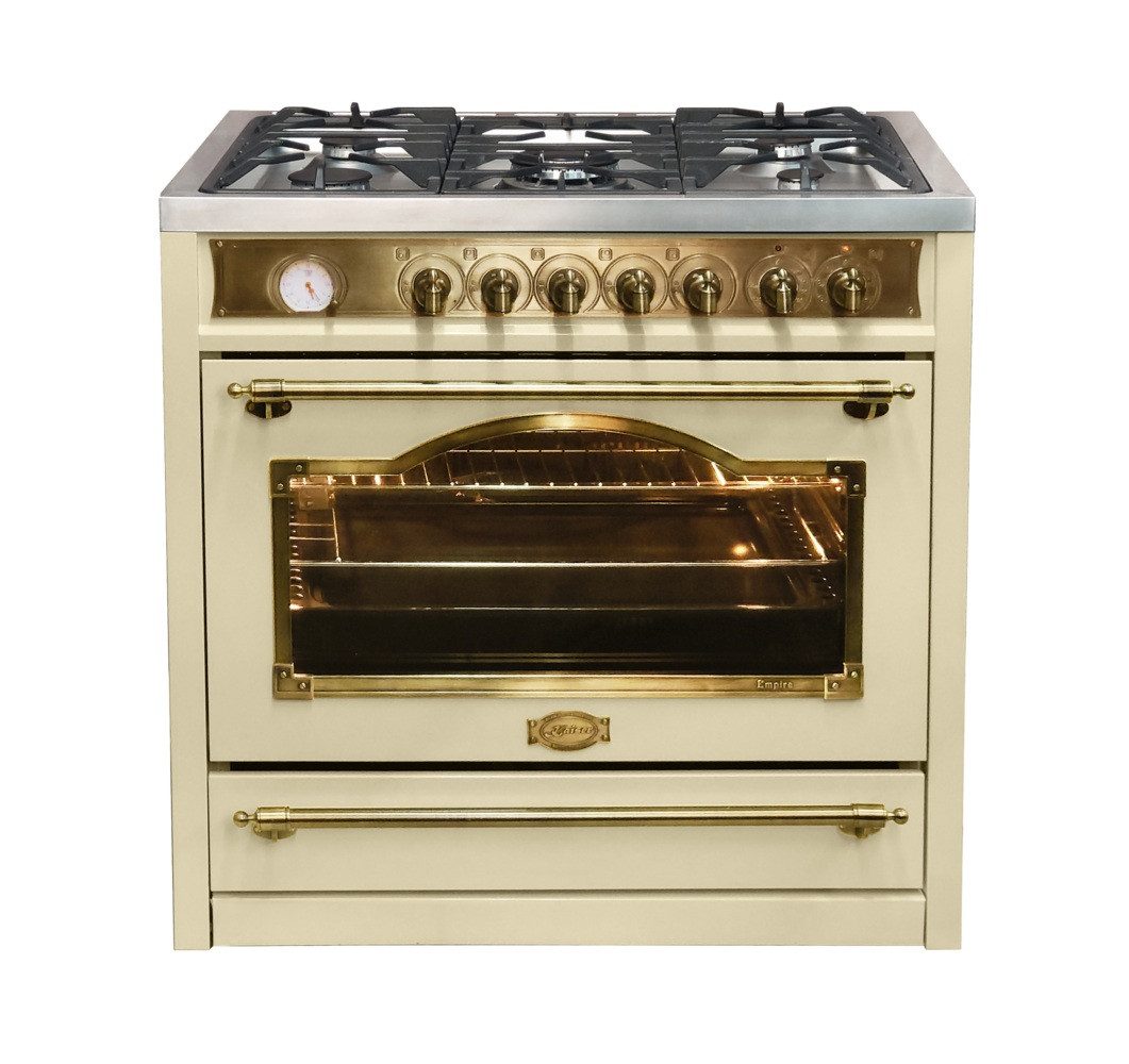 Kaiser Küchengeräte Gas-Standherd Retro Gasherd 90 cm mit Elektrobackofen 115 L, Drehspieß, Heißluftsystem, Infrarotgrill HGE 93555 ElfEm., mit 1-fach-Teleskopauszug, Katalytische Selbstreinigung, Herd Freistehend, Range Coocker, Wokbrenner 4,5 kW, Erdgas\Propangas