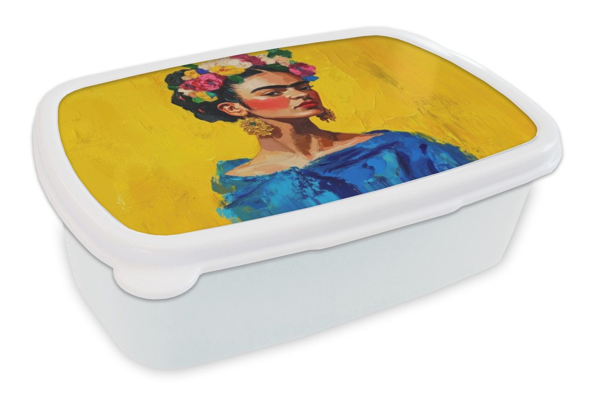 MuchoWow Lunchbox Frida Kahlo - Frau - Gelb - Blau - Blumen, Kunststoff, (2-tlg), Brotdose Schule oder Arbeit, Brotbox für Kinder und Erwachsene