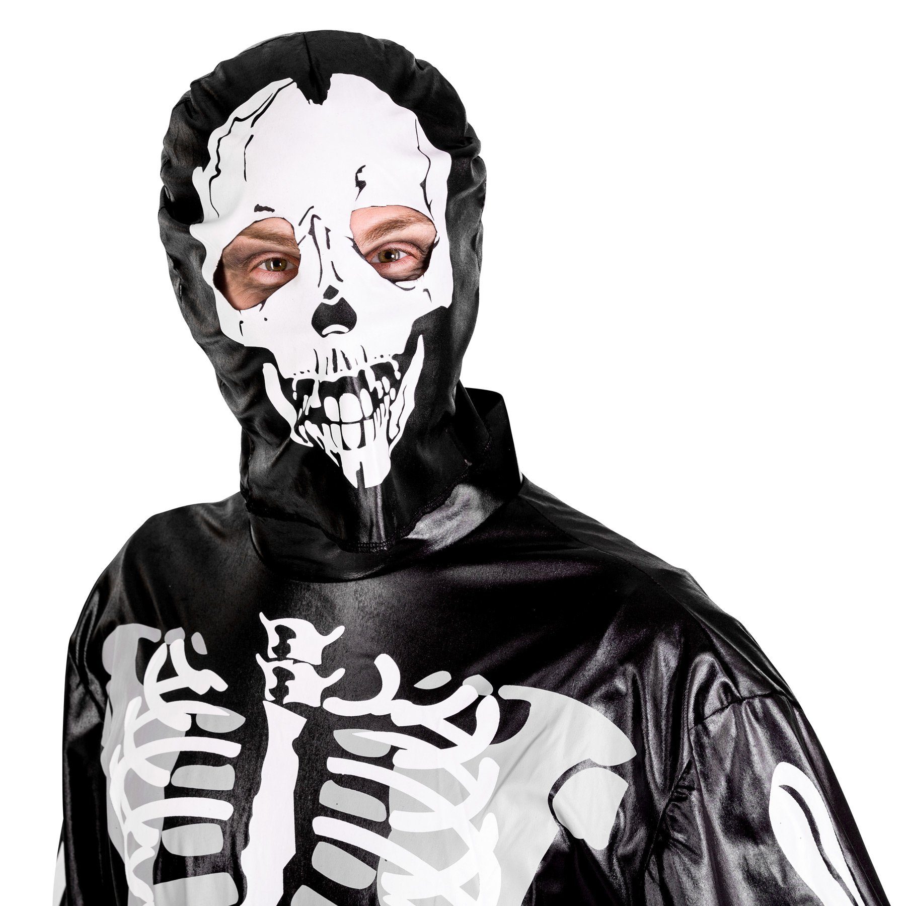 dressforfun Kostüm Skelettfigur/Knochenwesen, in schwarz, Gr. M, Jumpsuit und Maske, Realistischer Skelett-Aufdruck, Eingearbeiteter Reißverschl. hinten