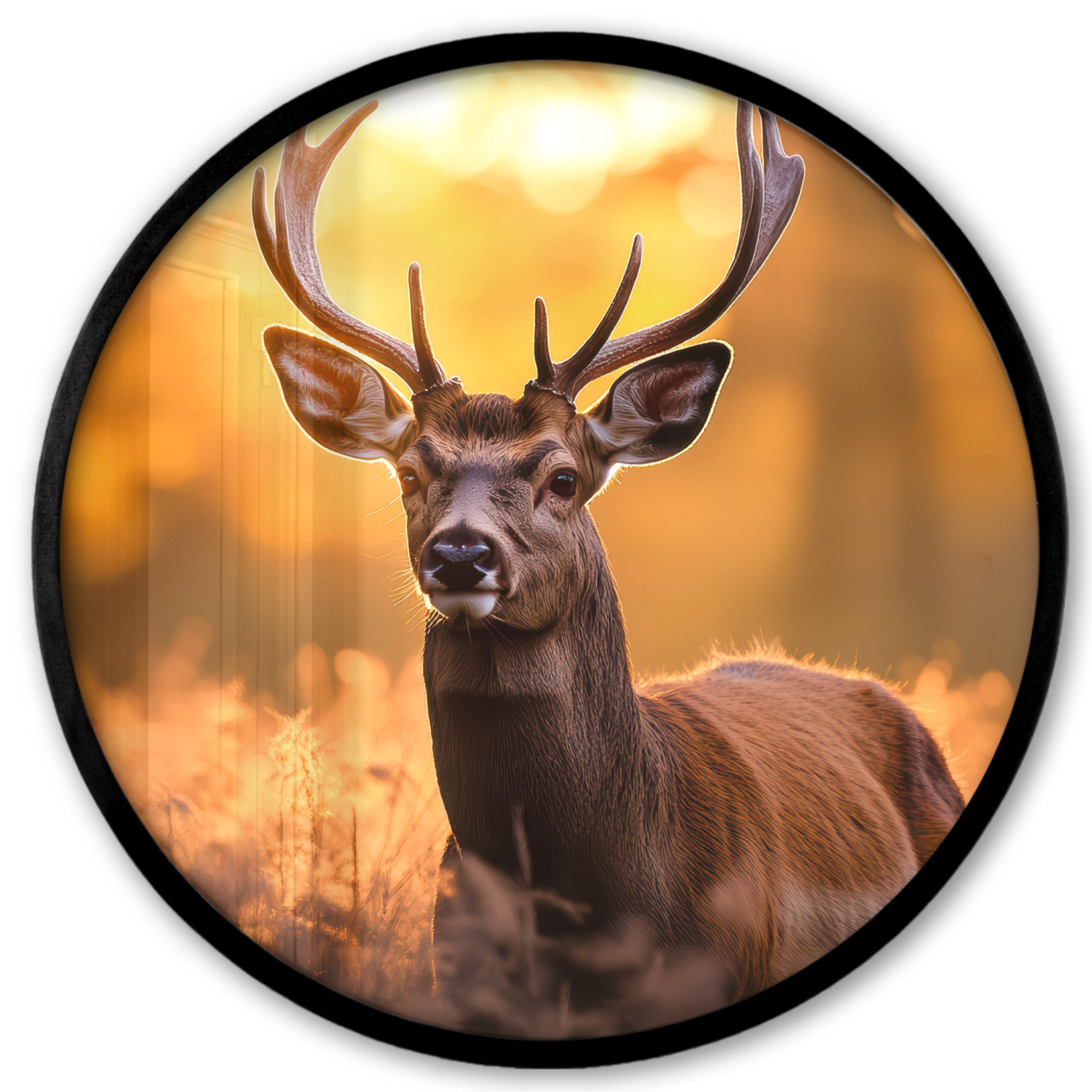 MuchoWow Poster Rund - Hirsch - Geweih - Herbst - Wald - Braun - Natur - Waldtiere, (1 St), Runde Wandbilder, Deko für Wohnzimmer und Schlafzimmer, 40x40 cm