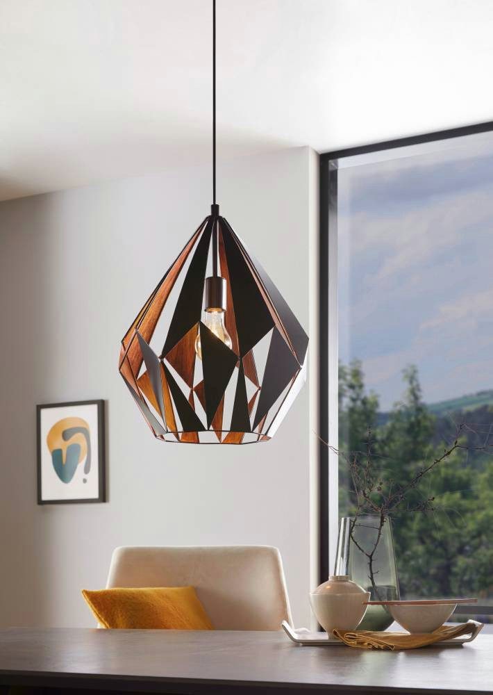 EGLO Hängeleuchte CARLTON 1 Pendellampe, Stahl, E27, IP20, Retro, Esstischlampe, Lampe, ohne Leuchtmittel, Hängeleuchte, H150 x Ø38,5 cm, schwarz, kupfer, 1X60W exkl.