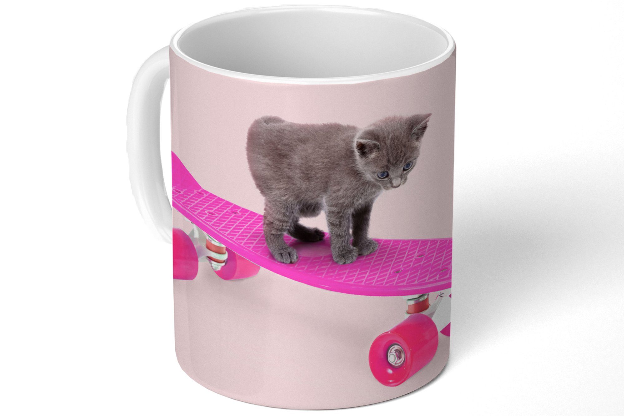 Teetasse, Tasse Becher, Rosa, Geschenk - Skateboard Katze - Keramik, MuchoWow Kaffeetassen, Teetasse, Tiere - Kätzchen -