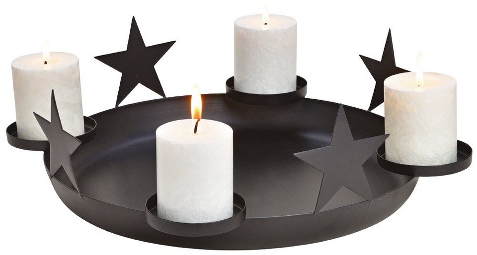 matches21 HOME & HOBBY Kerzenhalter Adventskranz Tablett Sterne 4  Kerzenhalter Metall Ø 44 cm, Hergestellt aus Metall - Farbe: schwarz