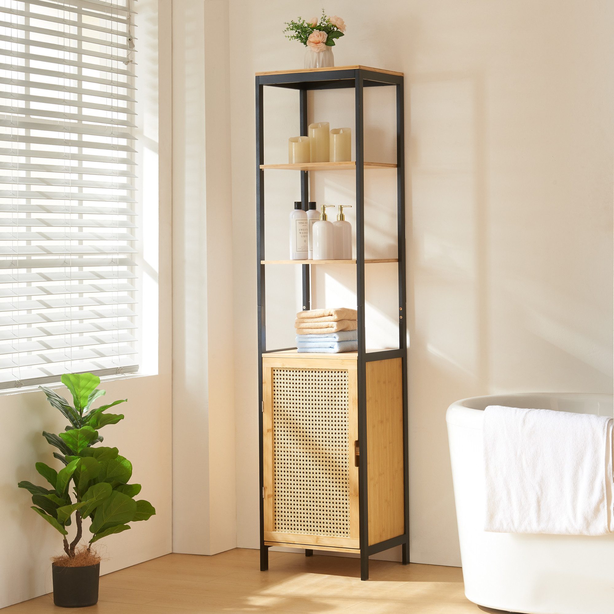 en.casa Badregal, »Tervola« Hochschrank 172x40x35cm Bambus/Rattanoptik Schw günstig online kaufen