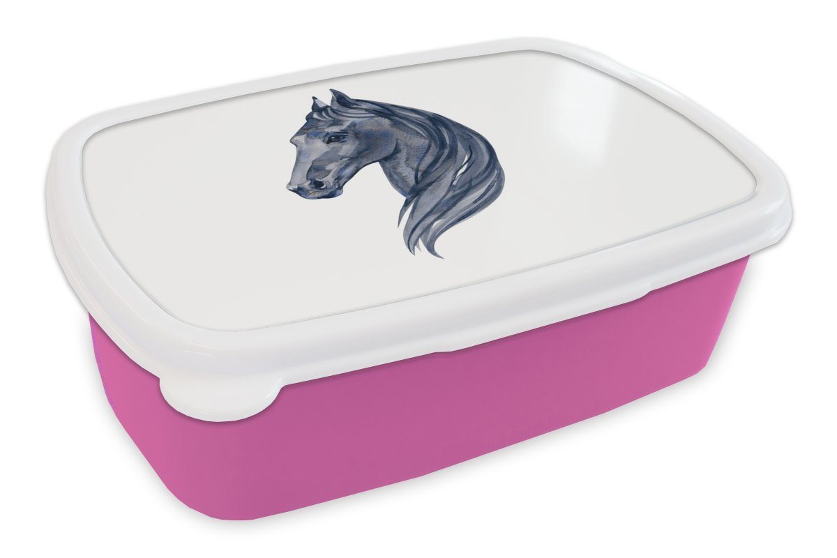 MuchoWow Lunchbox Pferd - Aquarell - Blau - Mädchen - Kinder - Mädchen, Kunststoff, (2-tlg), Brotbox für Erwachsene, Brotdose Kinder, Snackbox, Mädchen, Kunststoff rosa
