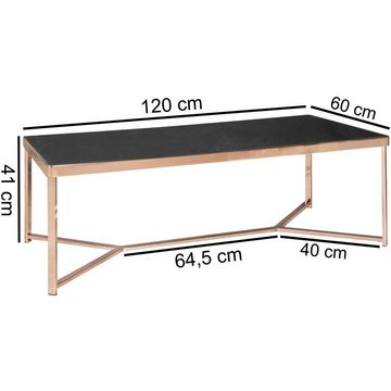 Wohnling Couchtisch WL5.245 (Glas 120x60x40 cm Metall Sofatisch Kupfer Modern), Großer Wohnzimmertisch, Kaffeetisch Rechteckig