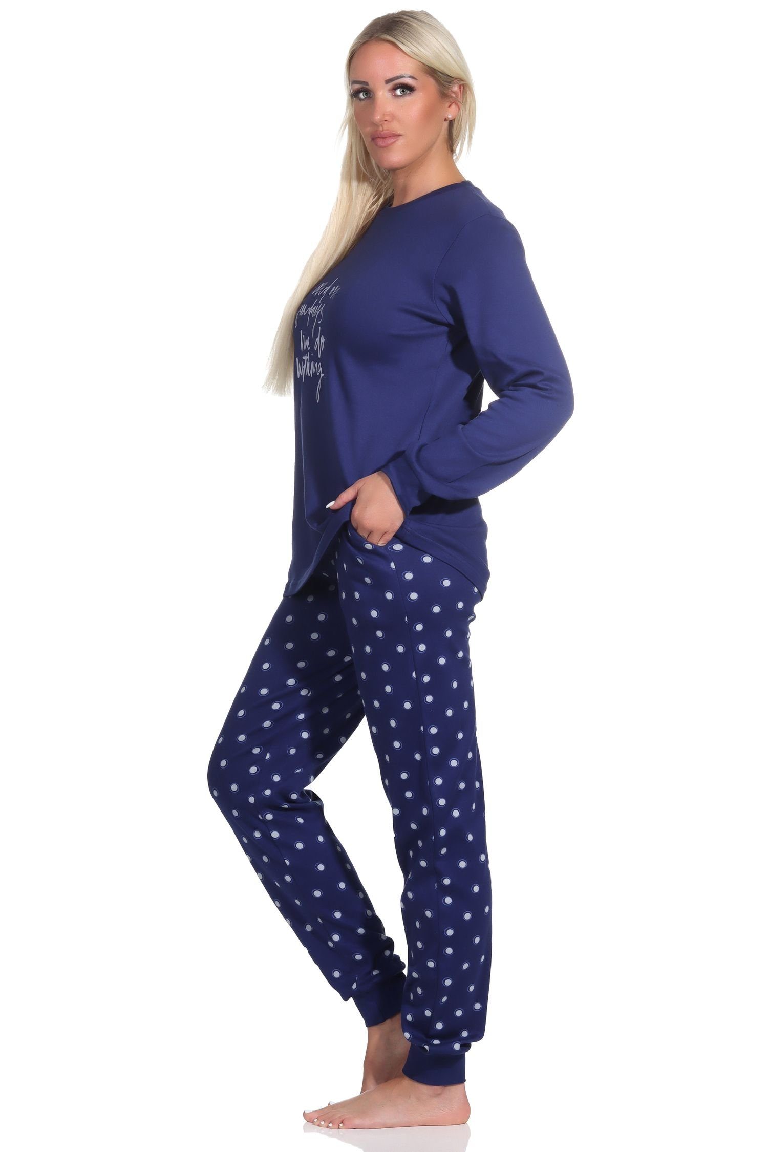 lang marine mit Schlafanzug Kuschel Pyjama in Damen Interlock Normann Bündchen Qualität