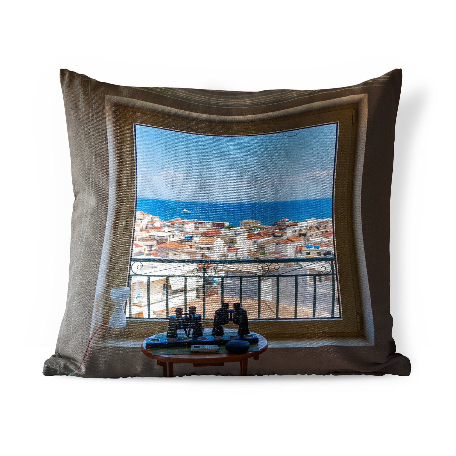 Griechenland, Meerblick Outdoor Dekokissen MuchoWow einem Fenster in Kissenhülle, Dekokissenbezug, Kissenbezüge, Dekokissen, aus