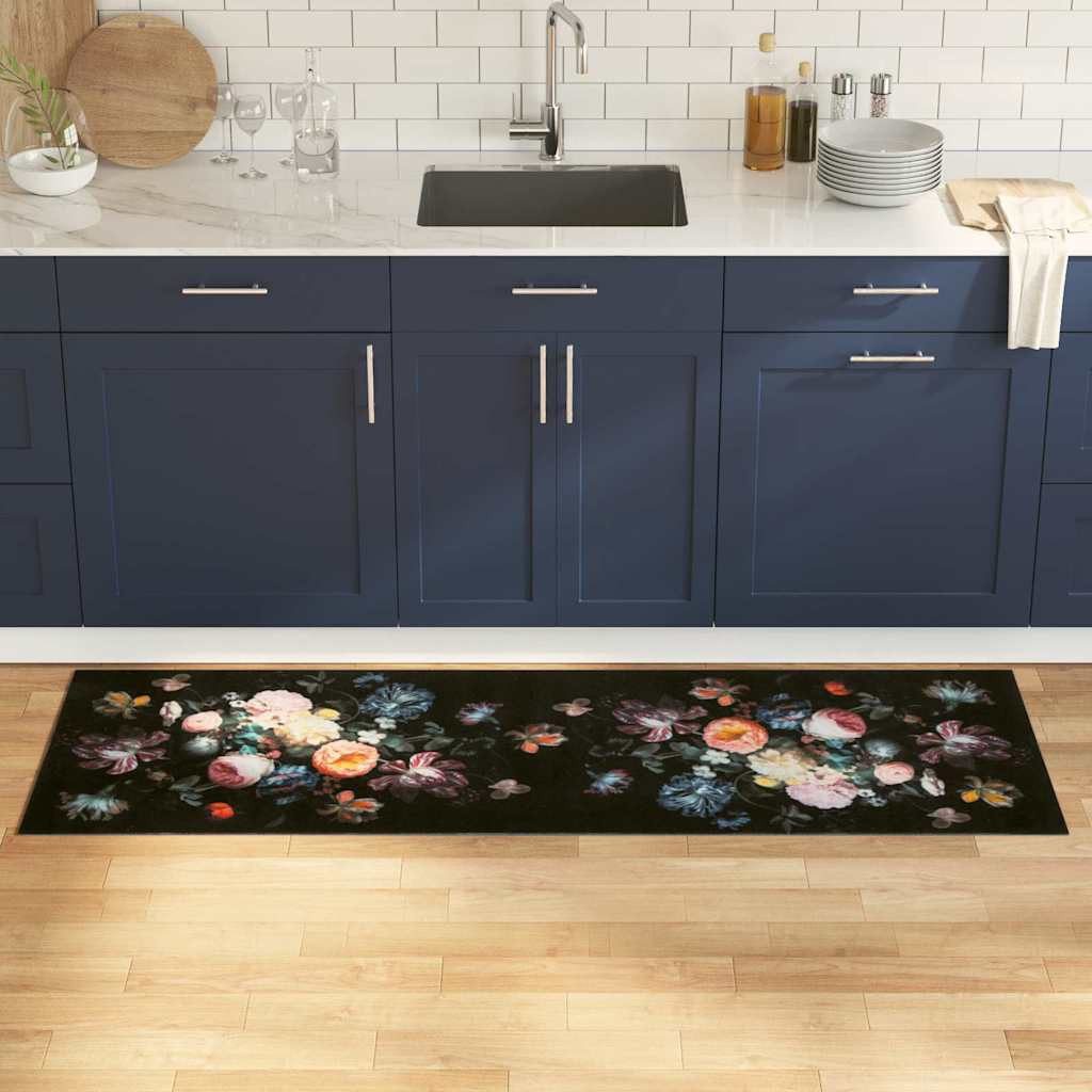 vidaXL Fußmatte Küchen Teppich Schwarz 180 x 60 cm Samt, Rechteckig – Bild 2 von 5