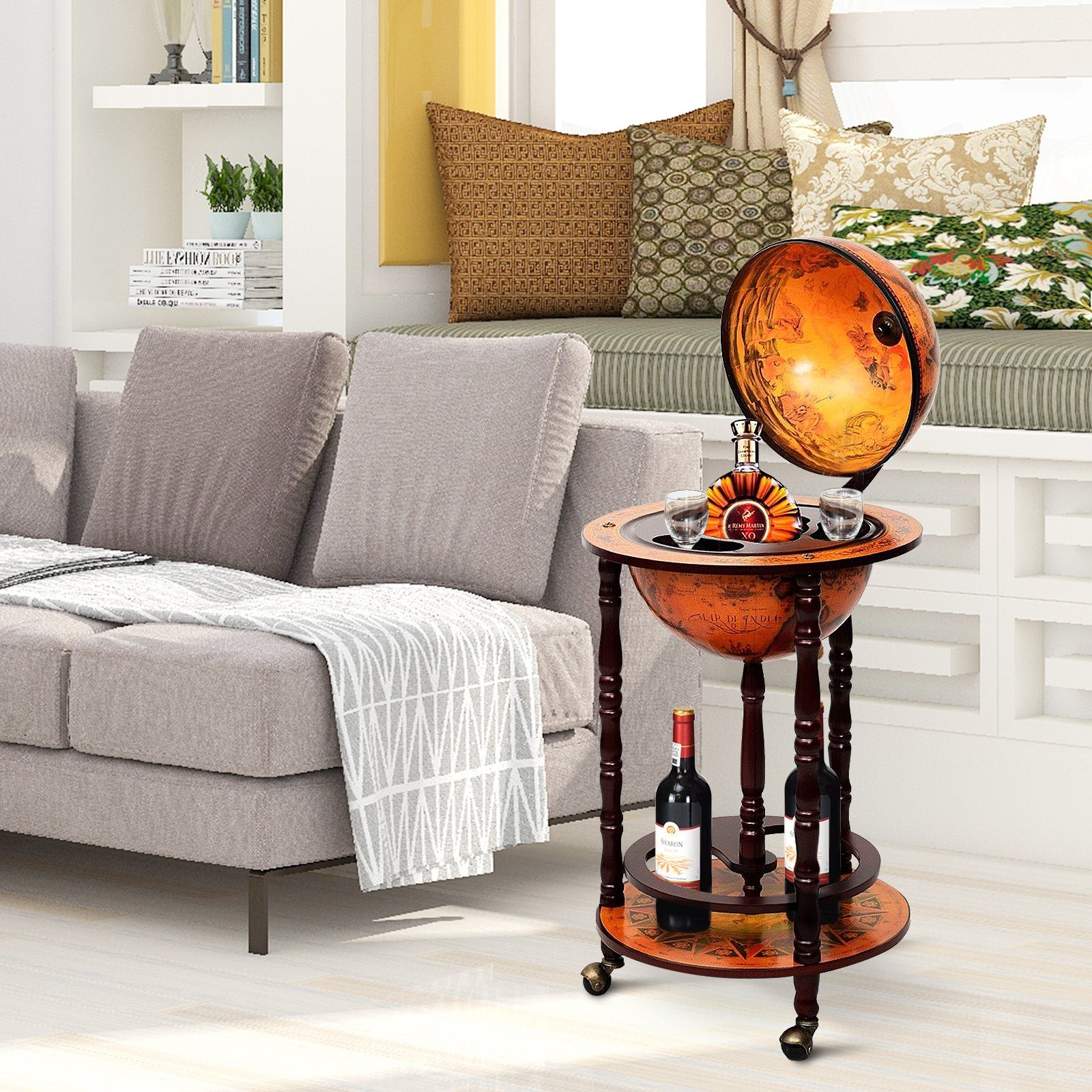 COSTWAY Weinregal stehend, Flaschenregal, Globusbar, mit Rollen & Deckel