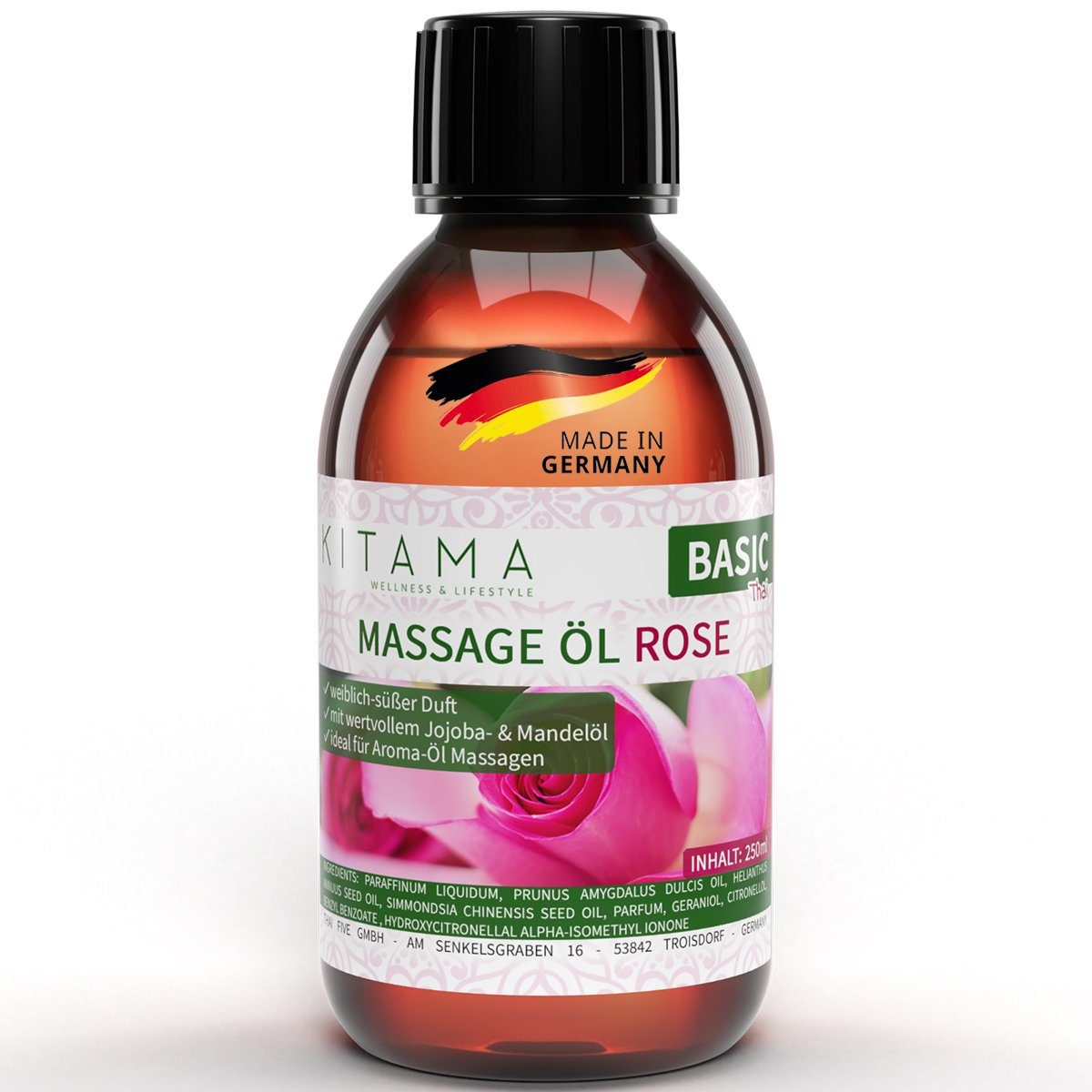 Kitama Massageöl mit Aroma - Körper-Öl für Massagen Pflegeöl Aroma-Öl Thai-Öl 250ml, Rose