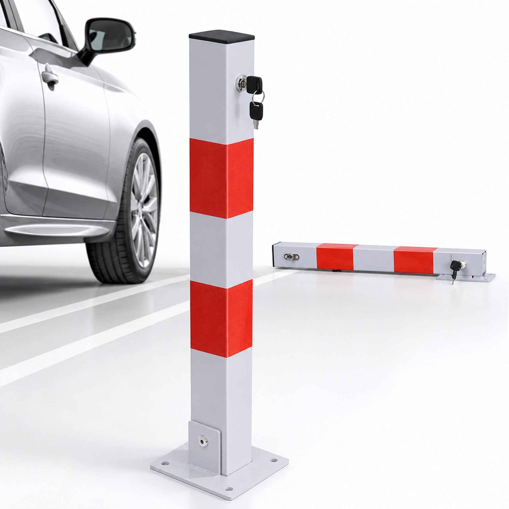 Mucola Absperrpfosten Parkpfosten klappbar Parkplatzsperre 65CM Absperrpfosten Poller (Stück, 1-tlg., inkl. Schlüssel, Parkplatzbügel, Bodenanker), Spezielles outdoor Pulver und besonders dicke Pulverbeschichtung