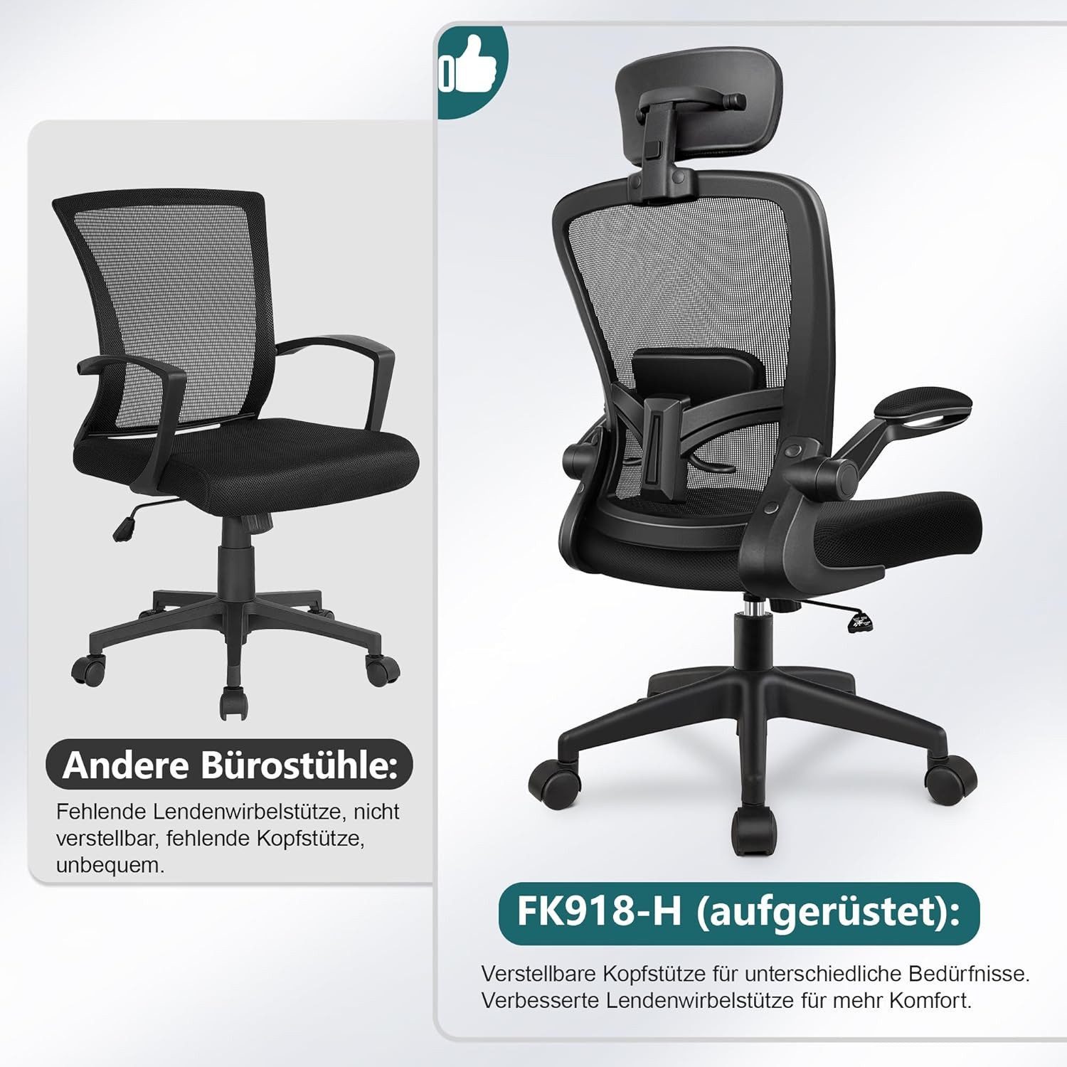 Vivitar Bürostuhl mit hoher Rückenlehne, verstellbarer Kopfstütze, Lendenwirbelstütze (10–15-Grad-Neigungsfunktion, flexibler Rückenlehne, stabiler Schreibtisch – Bild 5 von 5