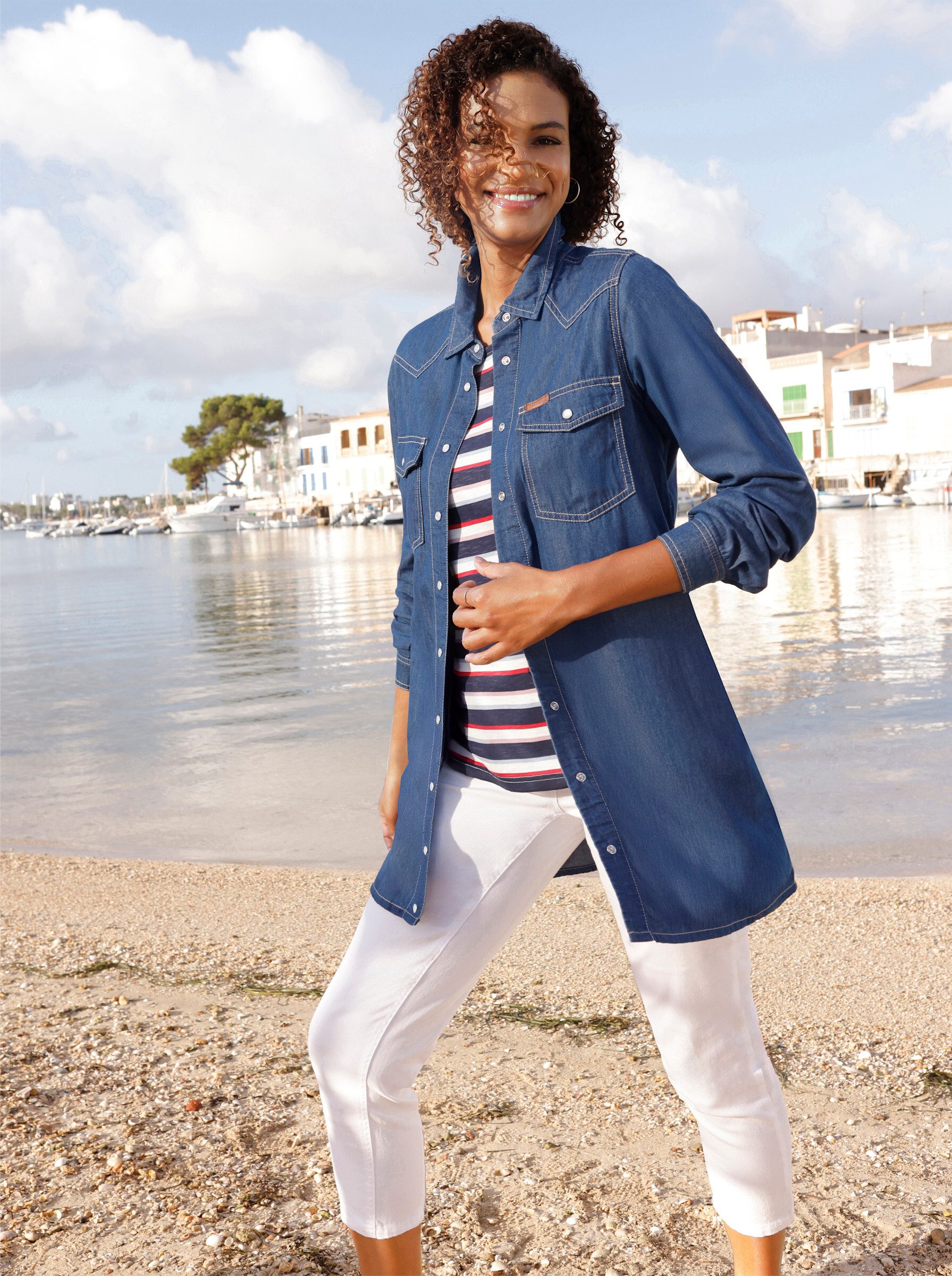 Klassische Bluse Jeans-Longbluse Langarm