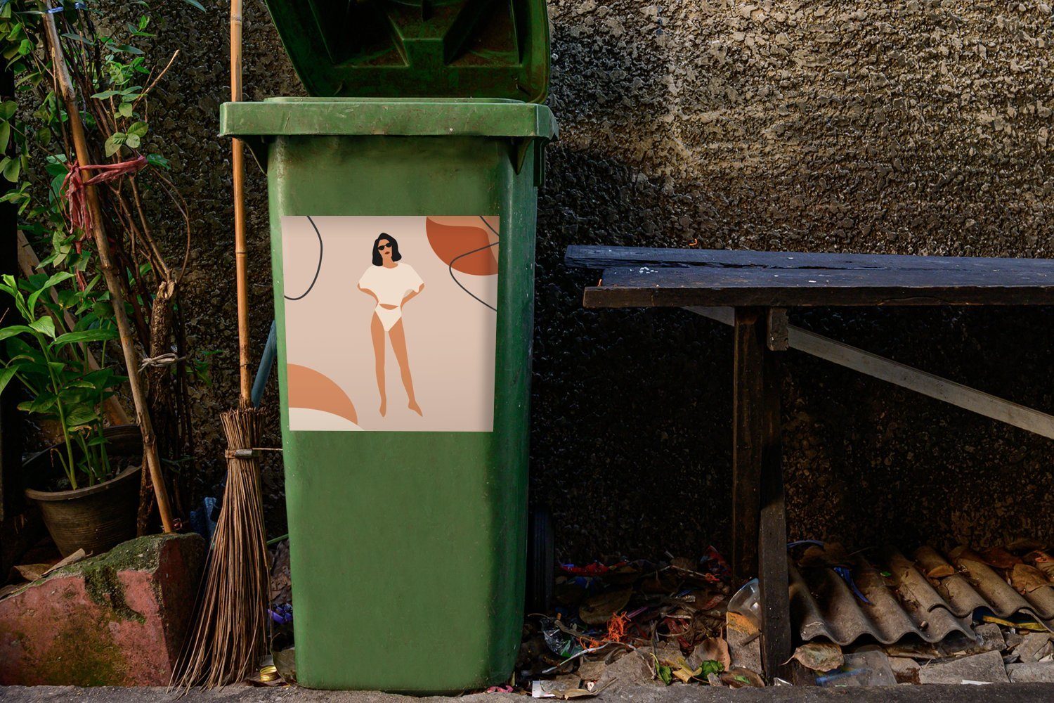 MuchoWow Wandsticker Sommer - Abfalbehälter St), Container, Sticker, - (1 Abstrakt Mülleimer-aufkleber, Mülltonne, Frau