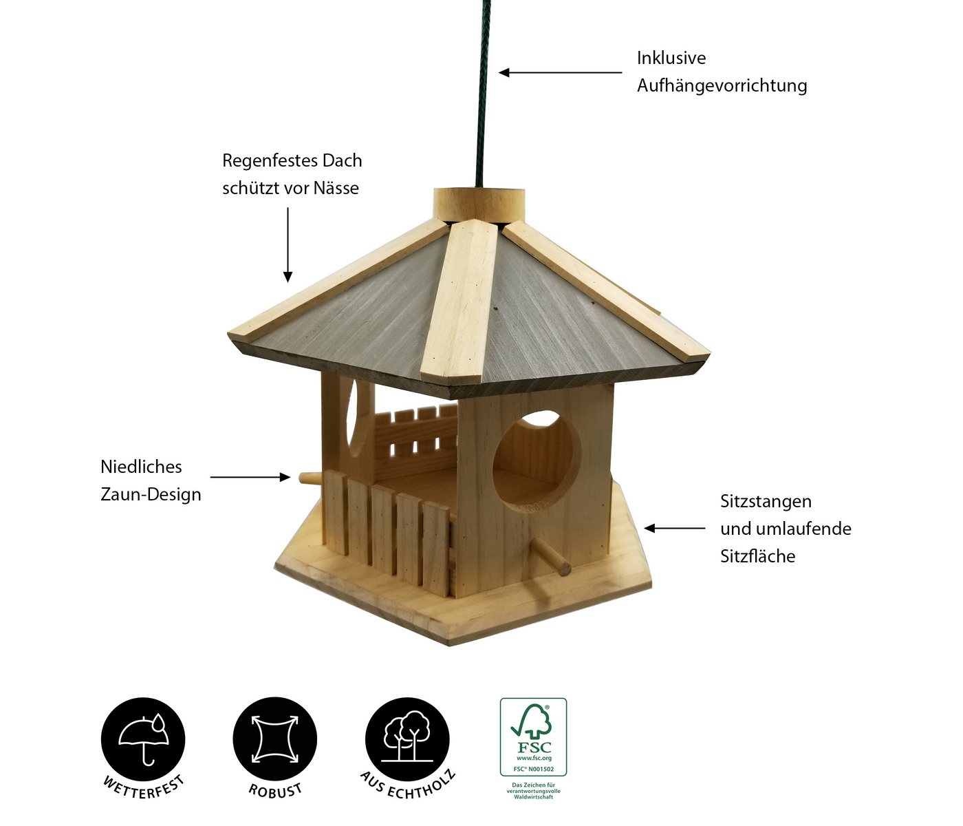 Thumbnail - Dehner Vogelhaus Natura Dakota für Wildvögel, 30 x 26 x 22, Holz