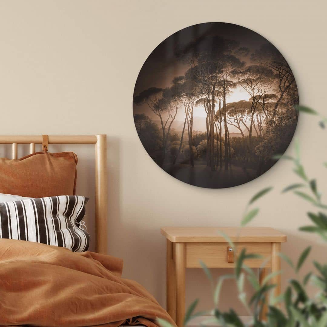 K&L Wall Art Glasbild Glas Wandbild Rund Glasbild Schirmkiefern Vignettierung Sepia, Wandschutz Deko Bilder