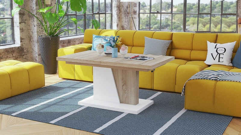 Mazzoni Couchtisch Design Couchtisch Tisch Noir Sonoma Eiche / Weiß matt ausziehbar 120 bis 160cm