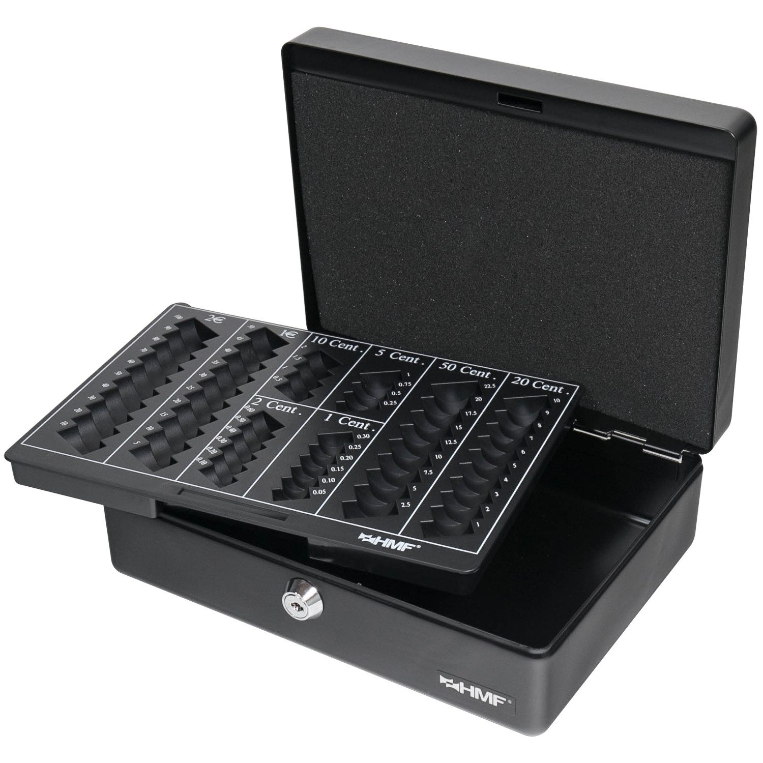 HMF Geldkassette Abschließbare Bargeldkasse mit Euro-Münzzählbrett, hochwertige Geldbox mit Schlüssel, 25 x 18 x 9 cm, schwarz