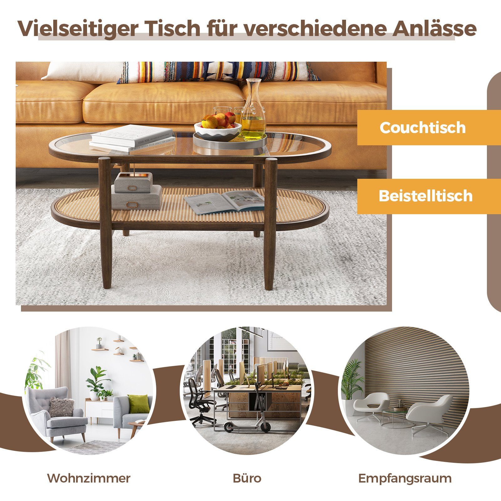 Glas, Rattan mit Couchtisch, 102x56x47cm aus COSTWAY Massivholz, & Stauraum,