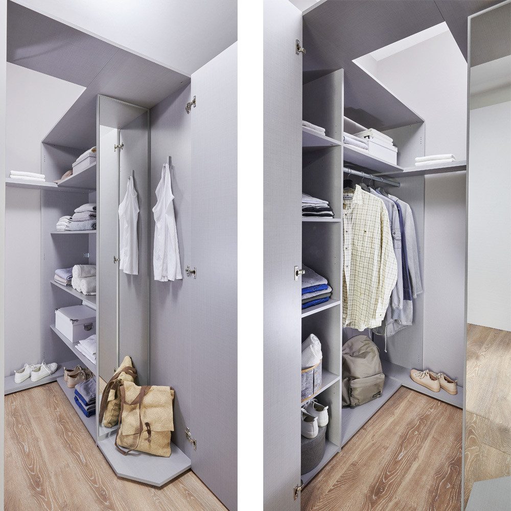 Lomadox Eckschrank NOLI-43 weiß 2-türig begehbar Spiegel 135x197x127 cm