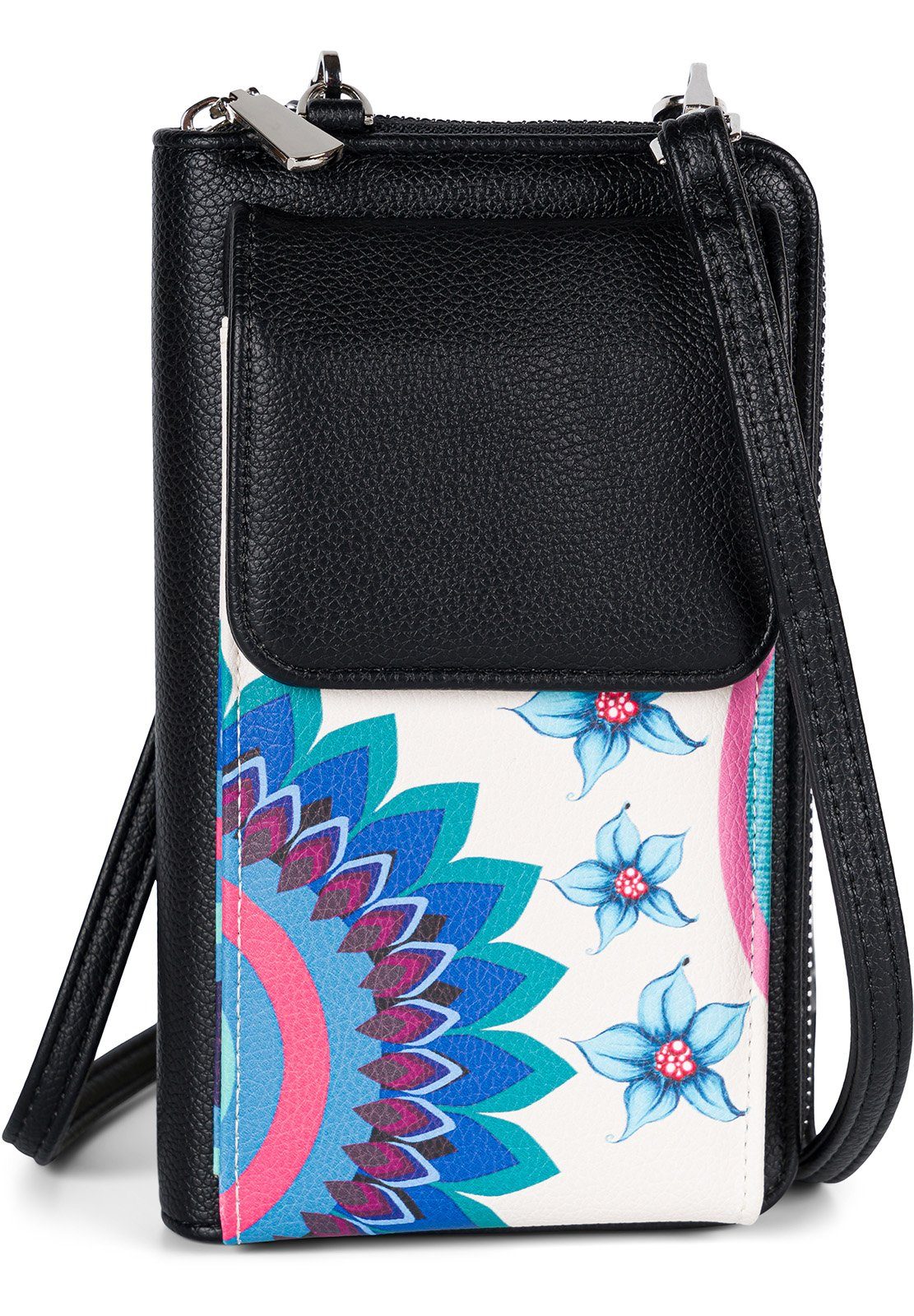 styleBREAKER Mini Bag (1-tlg), Mini Blüten Blumen Weiß-Türkis-Blau Bag Schutz RFID Ethno 