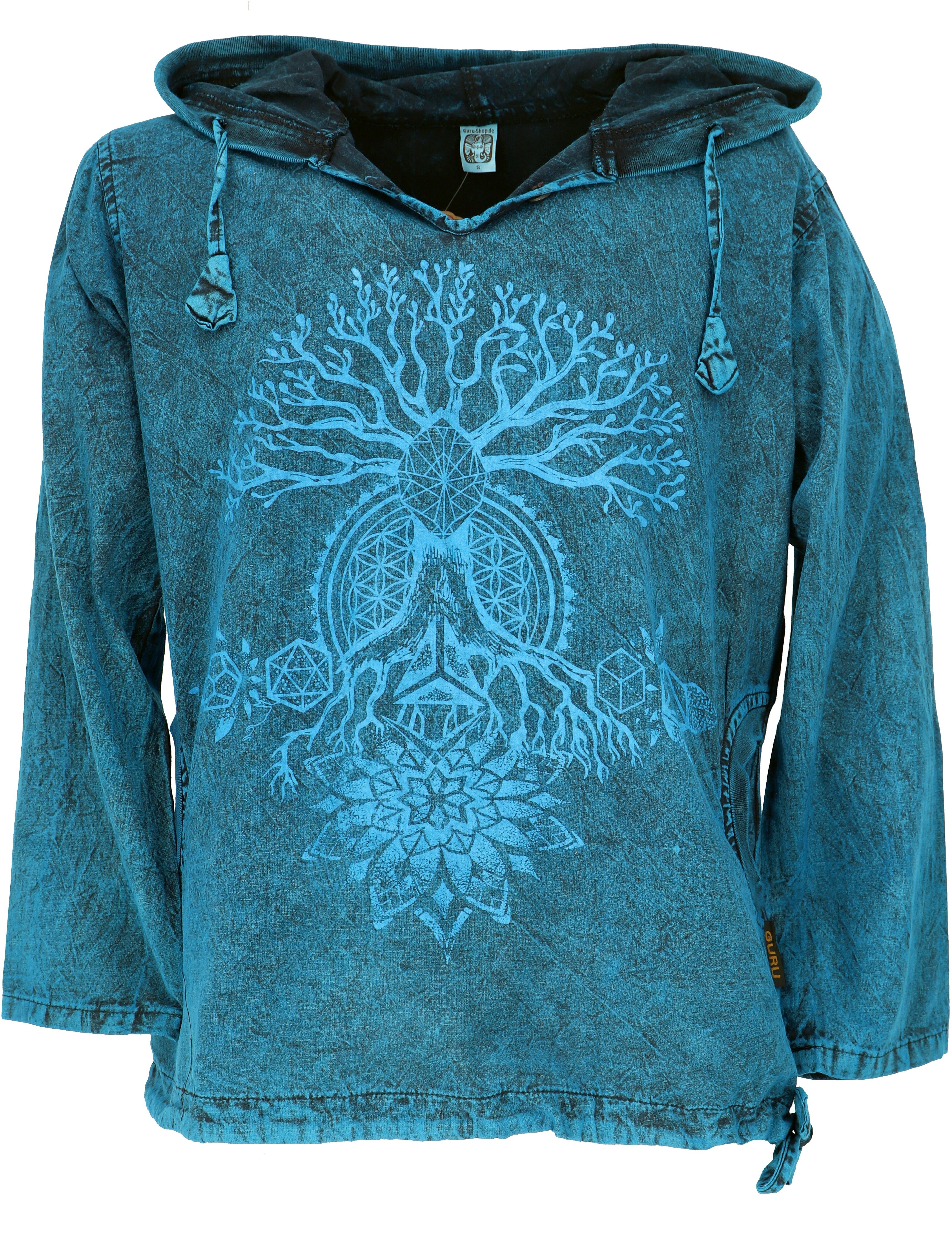 Guru-Shop Hemd & Shirt Yoga Kapuzenshirt, Stonewash Hoodie, Festival.. Hippie, Ethno Style, alternative Bekleidung