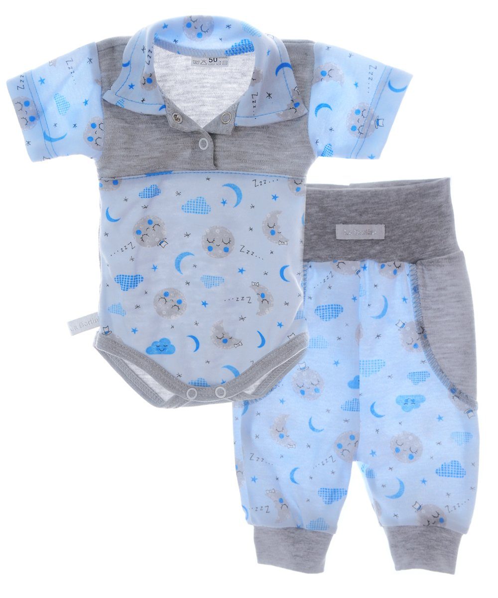Body & Hose Kurzarmbody und 3/4 Schlupfhose Baby Anzug Set ib Blau Grau mit Wolken