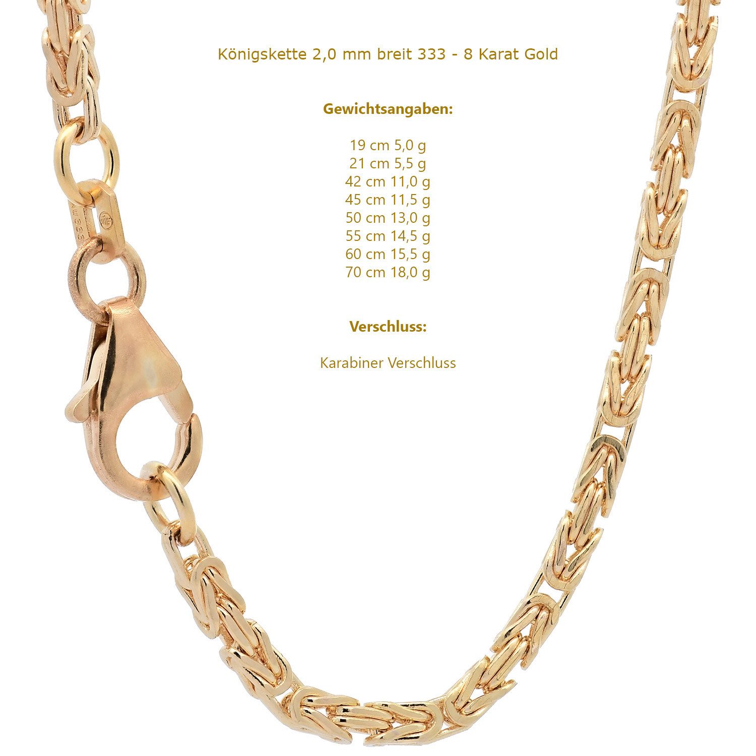 HOPLO Königskette Goldkette Königskette Halskette Breite 2,0 mm 70 cm 333 - 8 Karat Gold, Made in Germany