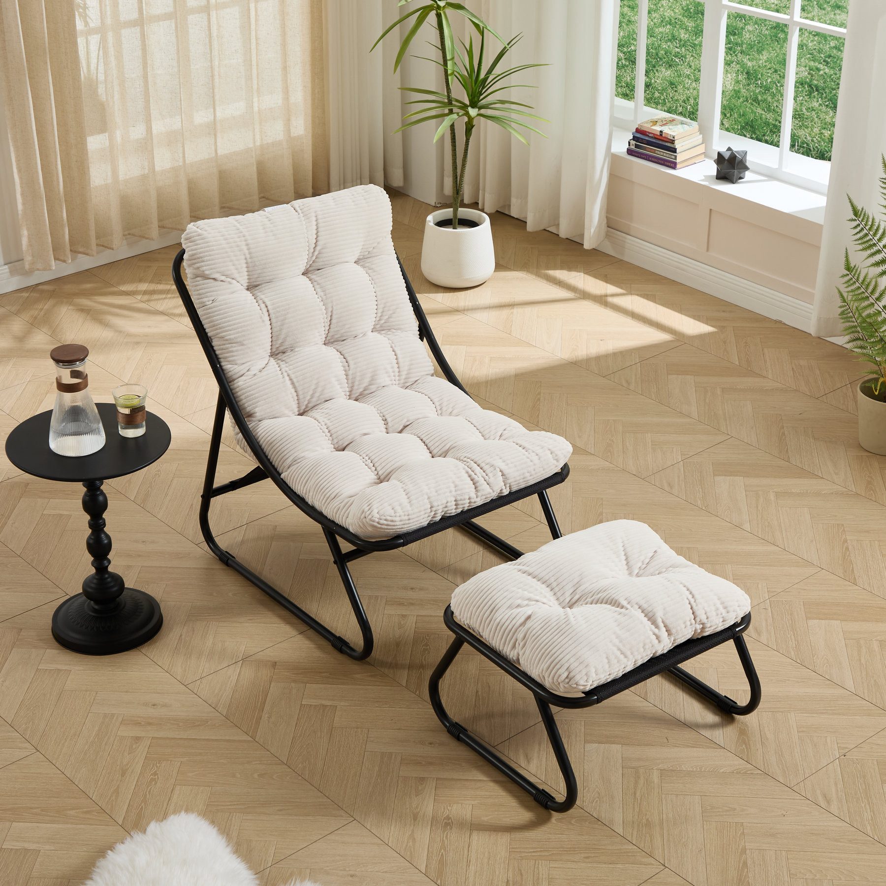 Odikalo Chaiselongue Relaxsessel Gartenstühle Gartenliege Freizeitstuhl mit schlaffunktion, Lounge-Sessel für die Terrasse mit Ottoman–Bequemer Relaxsessel mit weichem Polster und Fußhocker ideal für Wohn-Schlaf-und Lesezimmer Gestell und Polster in Beige