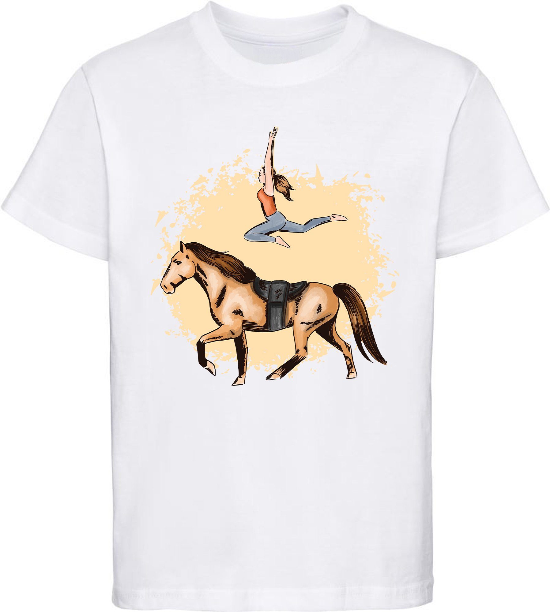 MyDesign24 Print-Shirt bedrucktes Mädchen Pferde T-Shirt mit Turnerin Baumwollshirt mit Aufdruck, i172 weiss