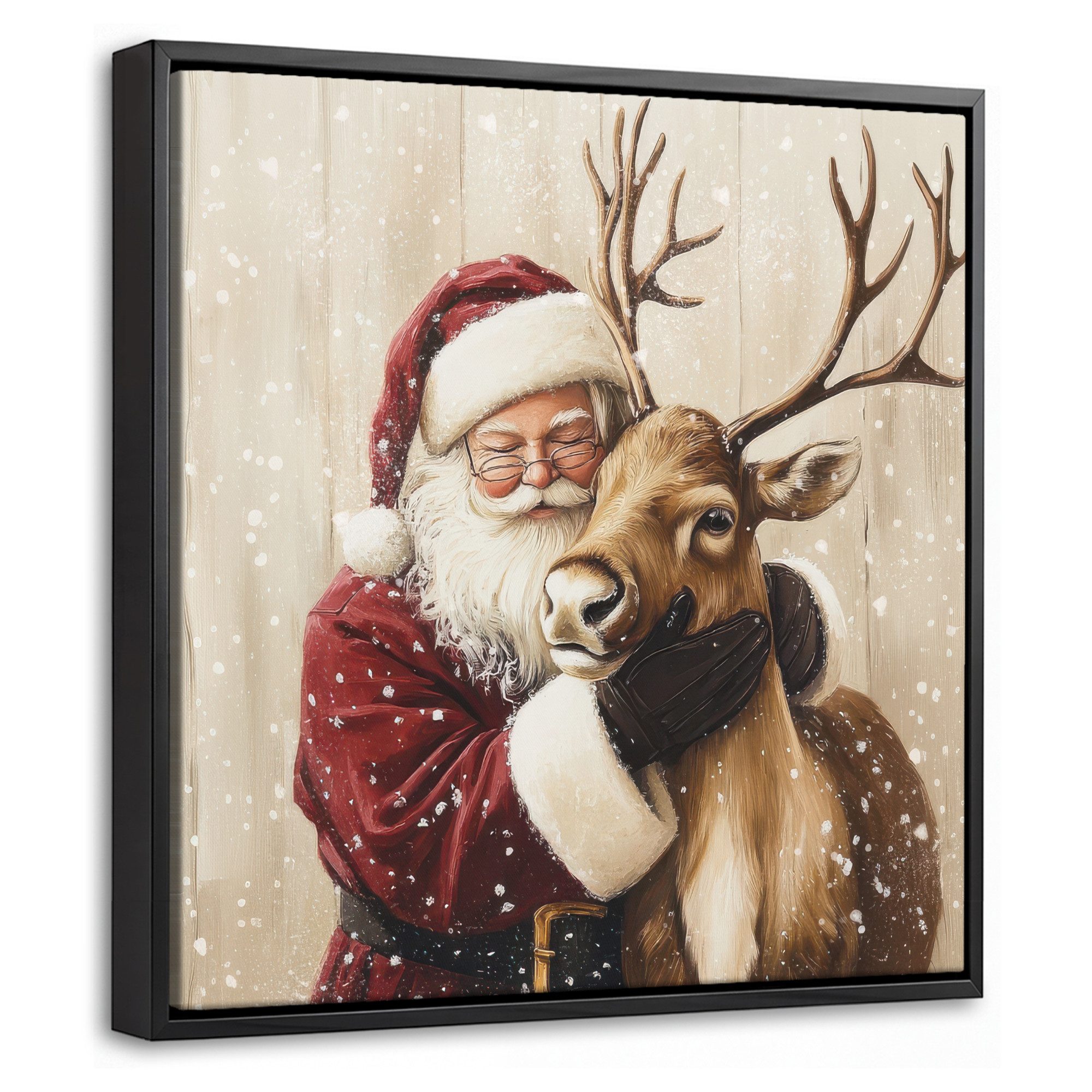 OneMillionCanvasses® Leinwandbild mit Rahmen - Weihnachtsmann - Rentier - Schnee - Bunt, Fotodruck (1 St), Leinwand Bilder Klein, Wand Dekoration Aesthetic 20x20cm