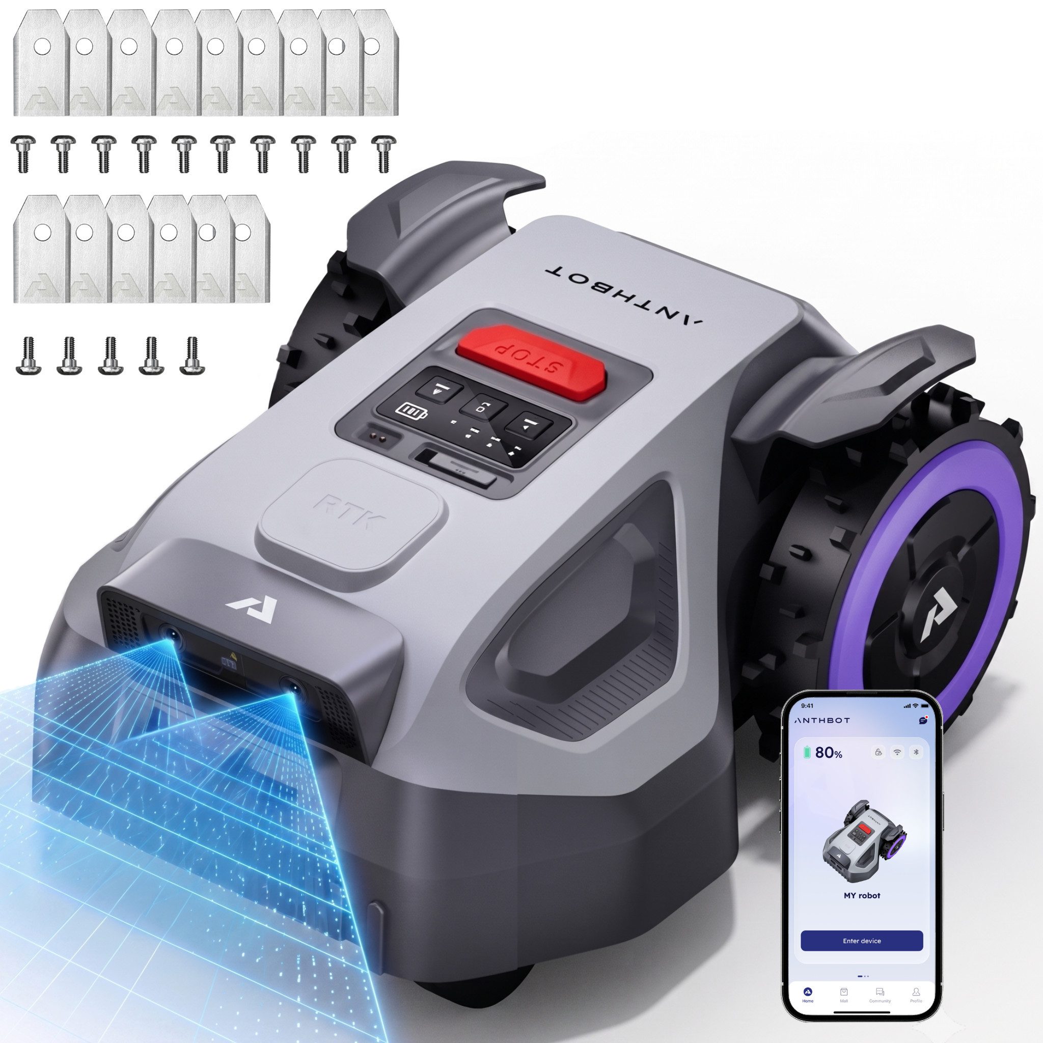 ANTHBOT Rasenmähroboter M9 Serie Ohne Begrenzungskabel mit RTK-Navigation & HDR-Dual-Vision, bis 1200 m² Rasenfläche, (Max. 1200 m², mit 4G-Modul, Schnitthöhe per App), Steigungen bis zu 45%, aktiver Tierschutz & KI-Hindernisvermeidung