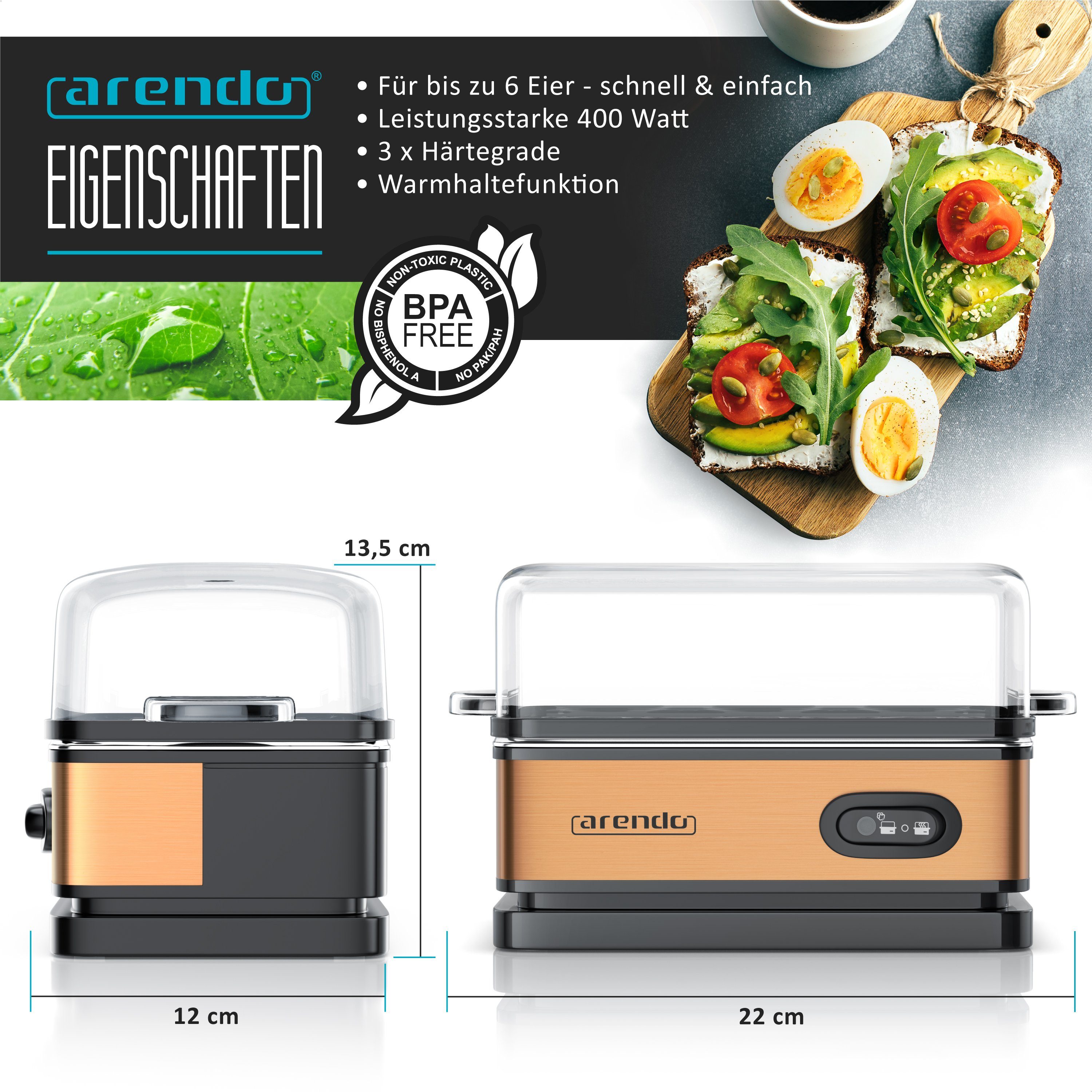Arendo Eierkocher 6-fach, Edelstahl, mit Warmhaltefunktion, frei wählbarer Härtegrad, Anzahl Eier: 6 St., 400 W, Kipp-Funktionsschalter mit Indikationsleuchte, für bis zu 6 Eier