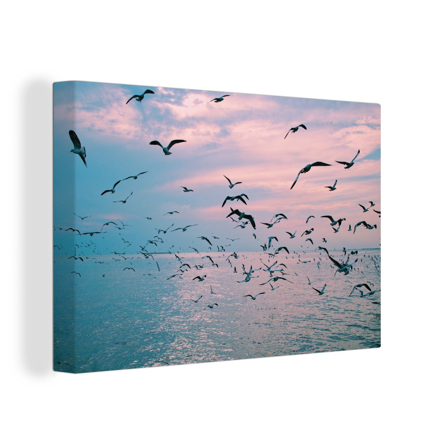 OneMillionCanvasses® Leinwandbild Schwarm von Möwen Wanddeko, 30x20 Aufhängefertig, Leinwandbilder, Wandbild Sonnenuntergang, (1 bei cm St)