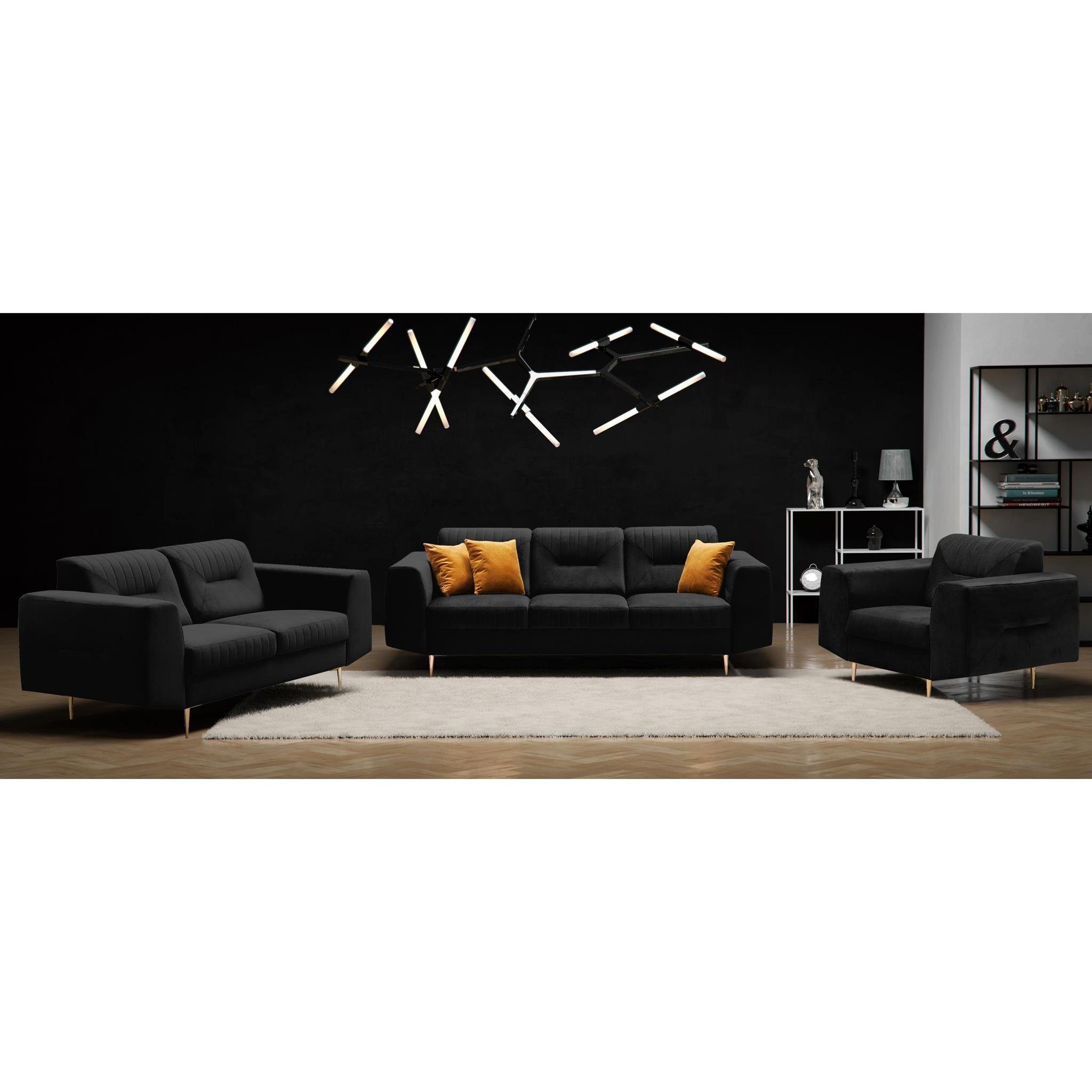 + Velours Couchgarnituren (Sessel mit im 19) 2-Sitzer Sofa aus 3-Sitzer Metallbeine, VENEZIA, Polstergarnitur Beautysofa (bluvel Design), + modernes Sofa Schwarz