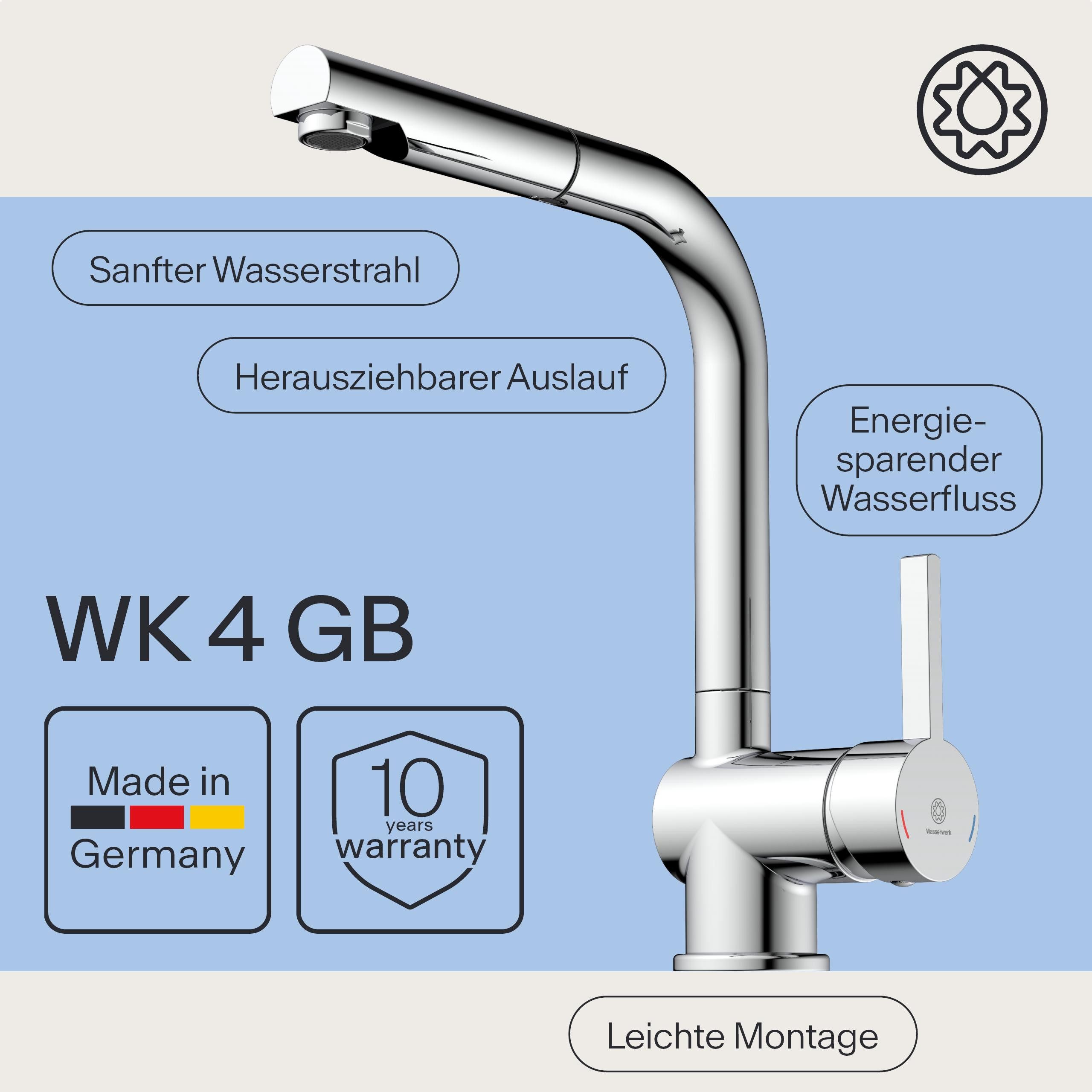 WASSERWERK Spültischarmatur WK 4, Wasserhahn, Küche, Einhebelmischer 360° schwenkbar, Cold-Start-Funkt., herausziehbar