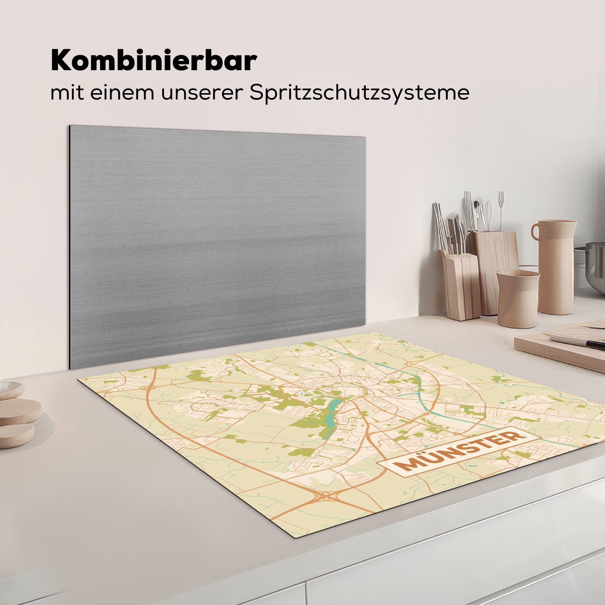 Vinyl, Stadtplan 78x78 Vintage - küche Arbeitsplatte (1 Münster MuchoWow Ceranfeldabdeckung, - Stadtplan, cm, - Herdblende-/Abdeckplatte tlg), für