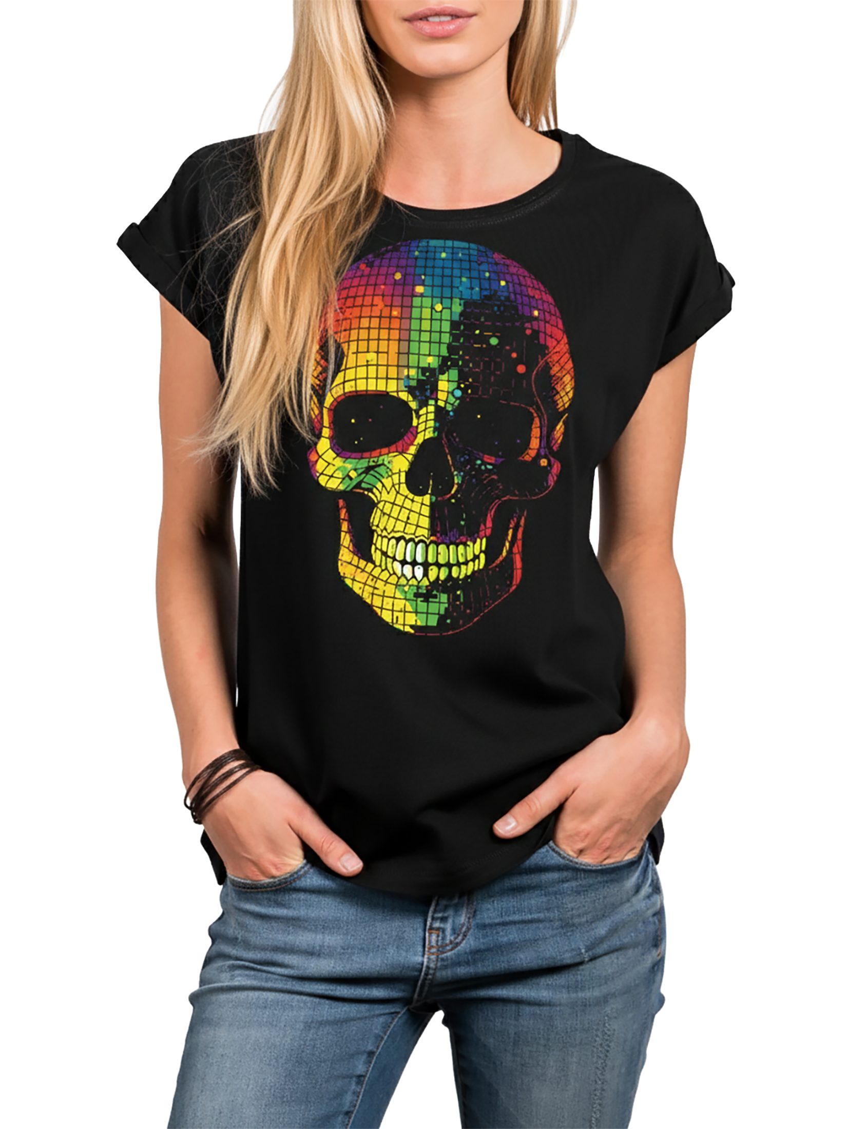 MAKAYA Print-Shirt Damen Skull Kurzarm Disco Top Totenkopf Motiv rockige Sommer Oberteile Kurzarmshirt