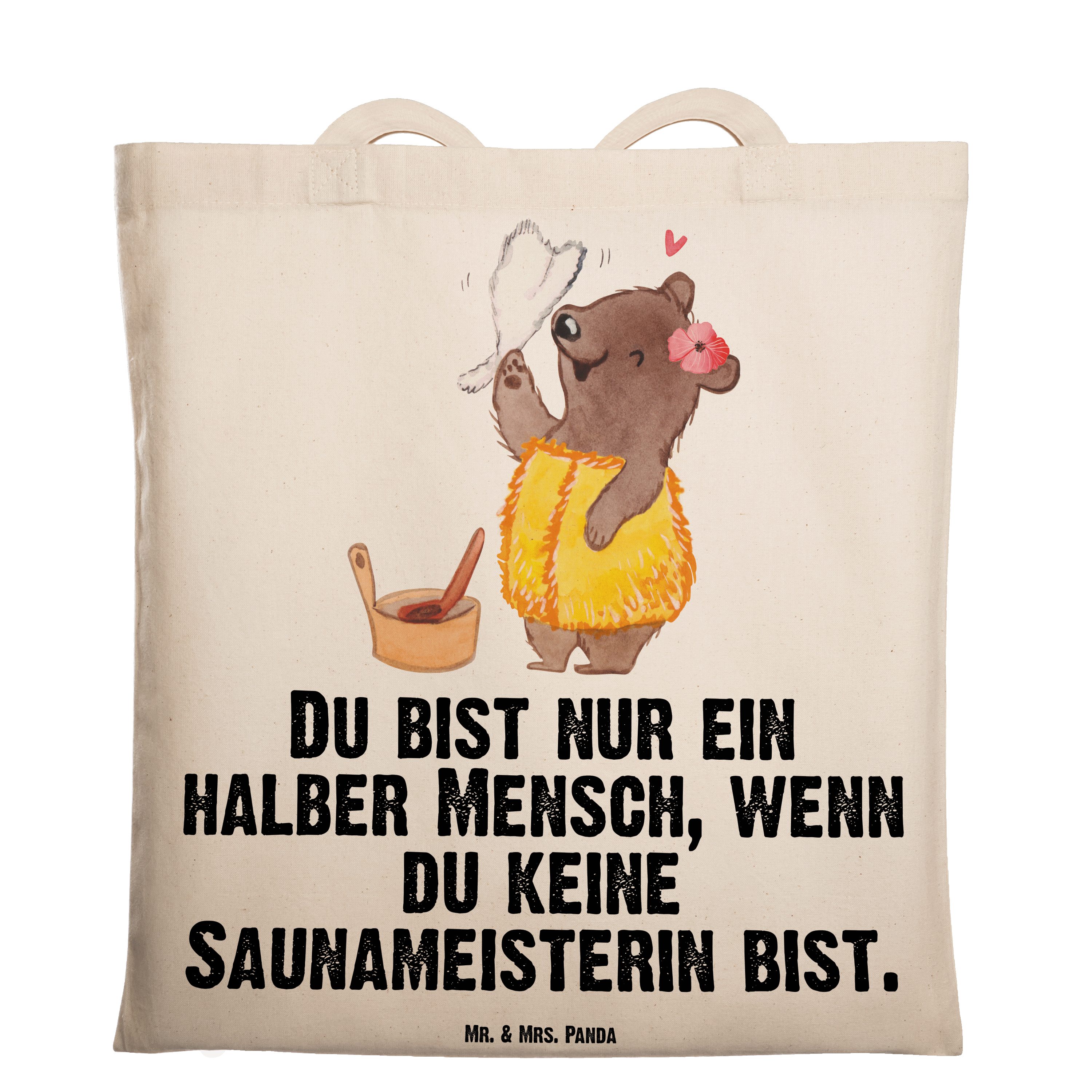 Mr. & Mrs. Panda Tragetasche Saunameisterin mit Herz - Transparent - Geschenk, Beuteltasche, Juteb (1-tlg) | Canvas-Taschen
